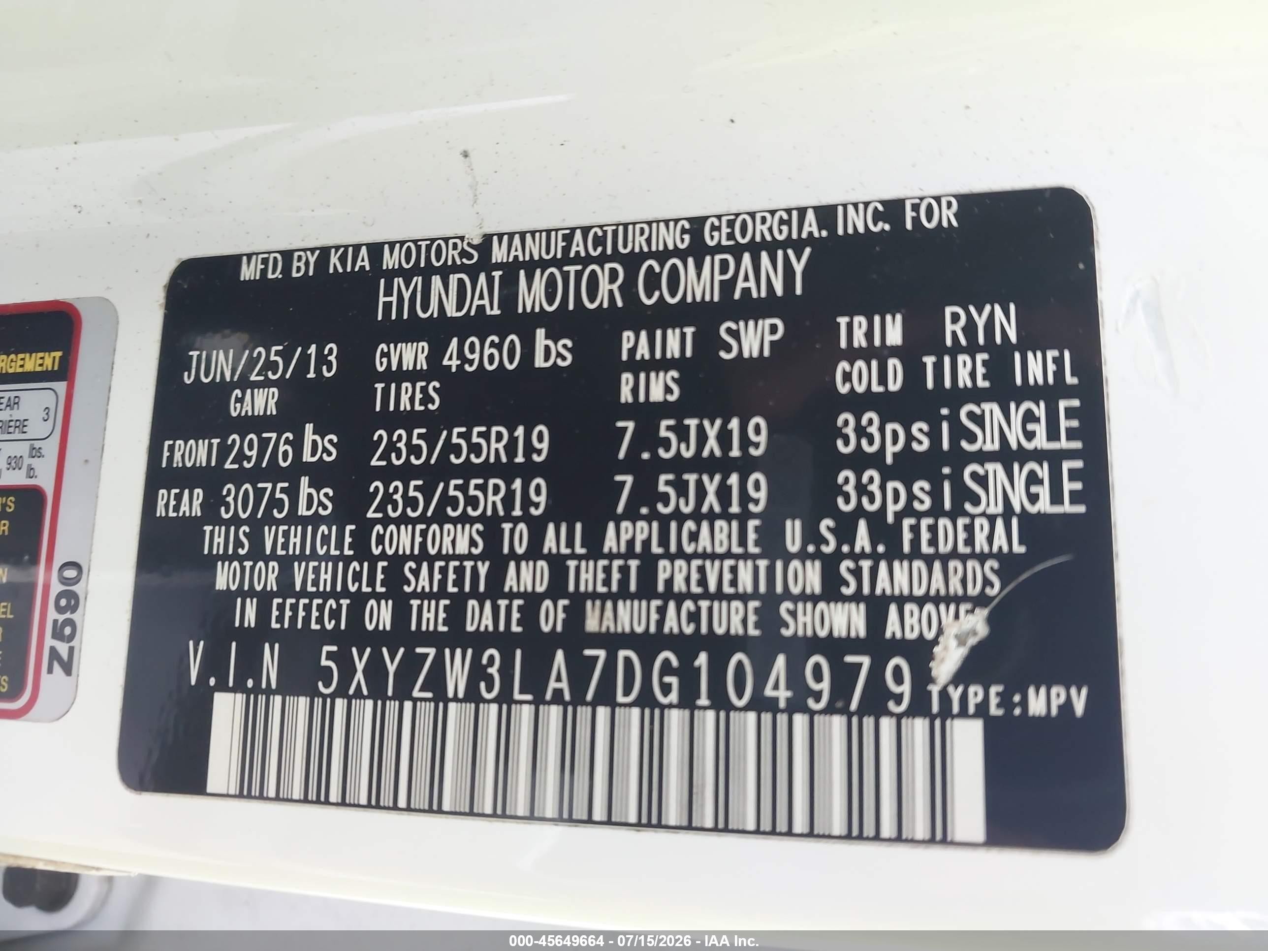 2013 Hyundai Santa Fe Sport 2.0t White vin: 5XYZW3LA7DG104979
