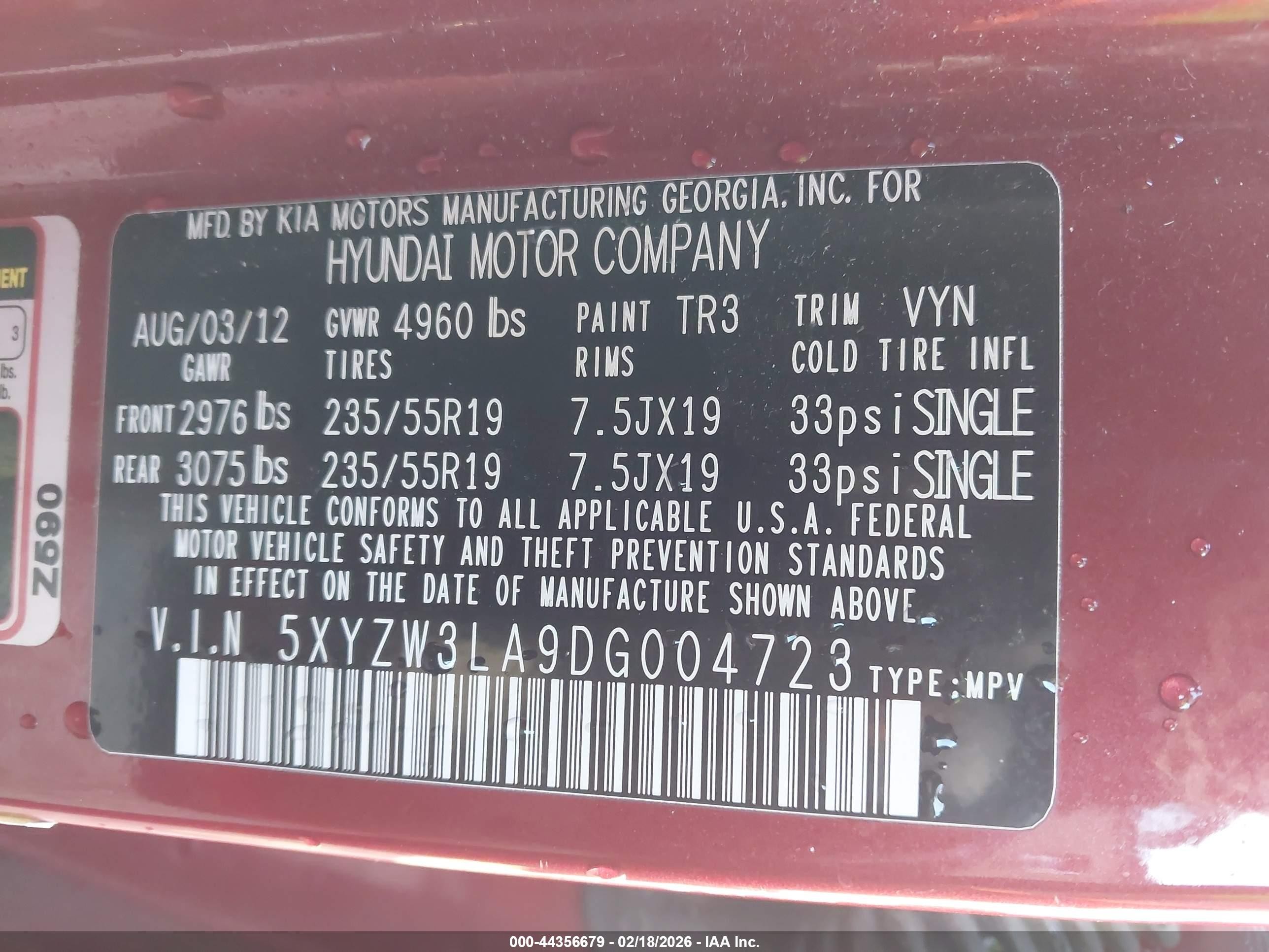 2013 Hyundai Santa Fe Sport 2.0t Red vin: 5XYZW3LA9DG004723