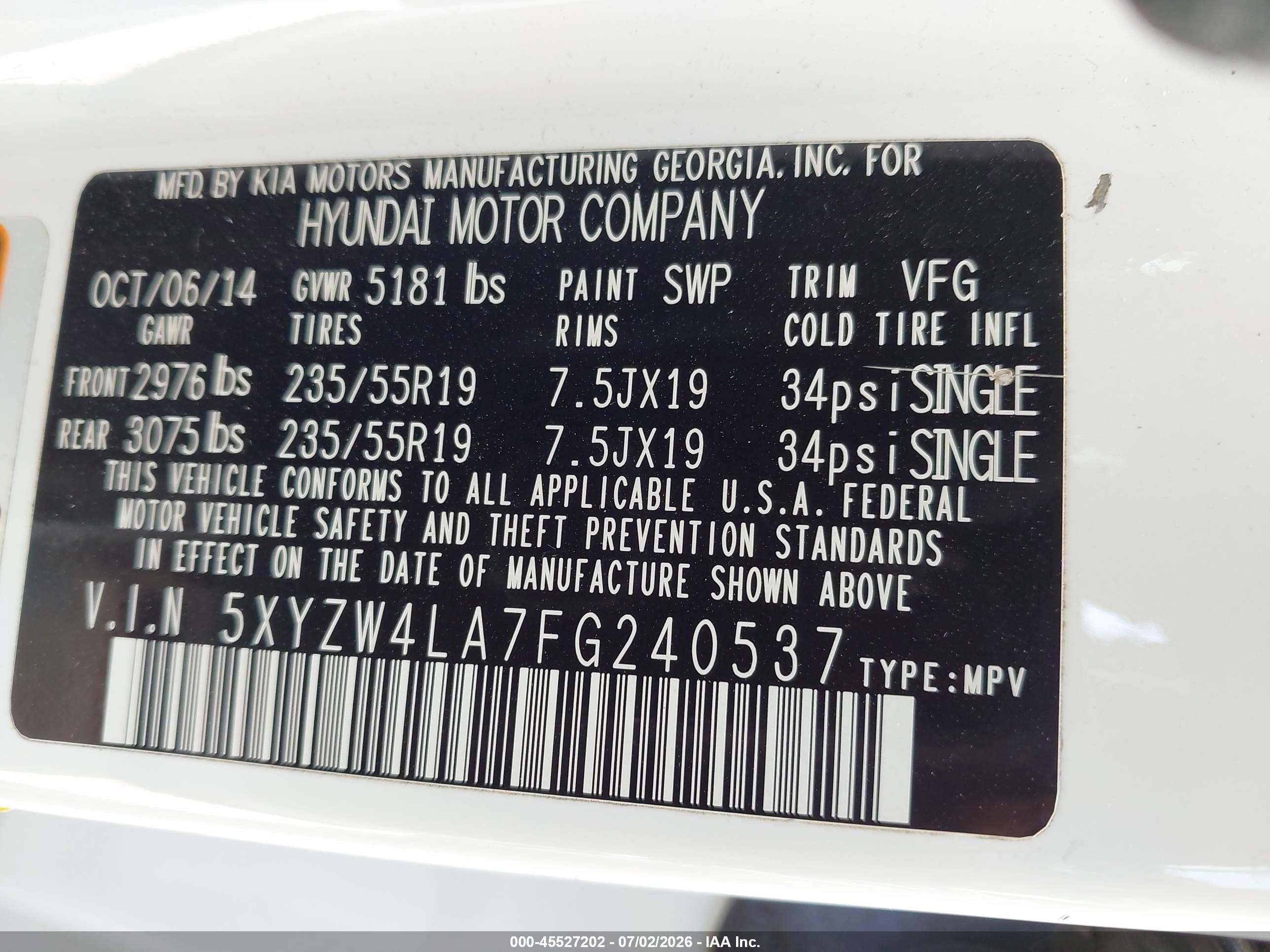 2015 Hyundai Santa Fe Sport 2.0l Turbo White vin: 5XYZW4LA7FG240537