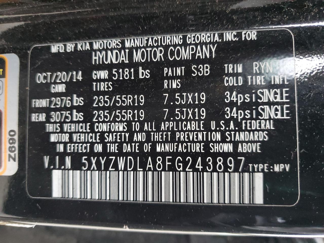 2015 Hyundai Santa Fe Sport Черный vin: 5XYZWDLA8FG243897
