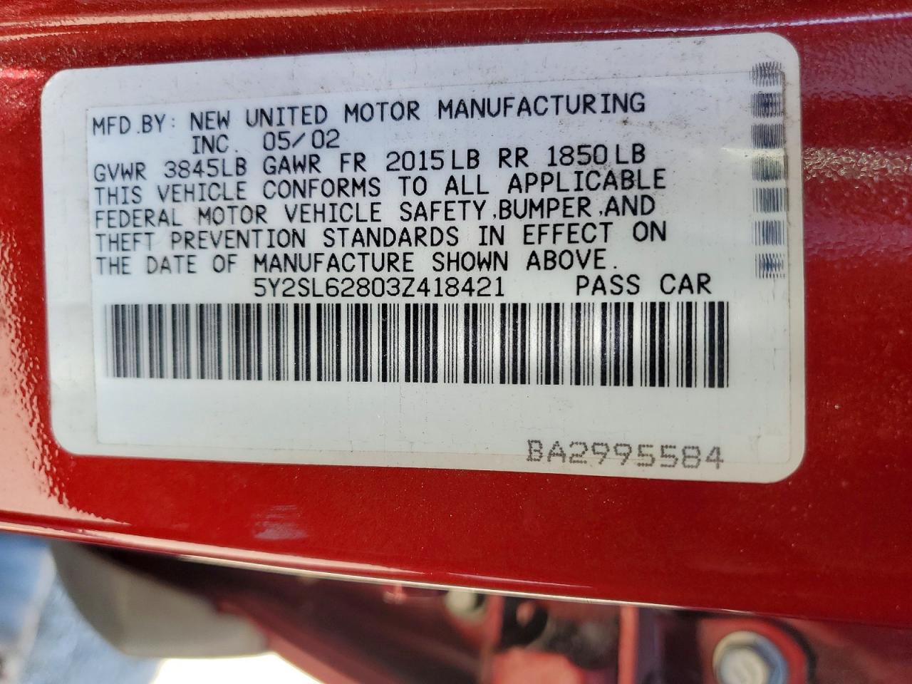 2003 Pontiac Vibe Red vin: 5Y2SL62803Z418421