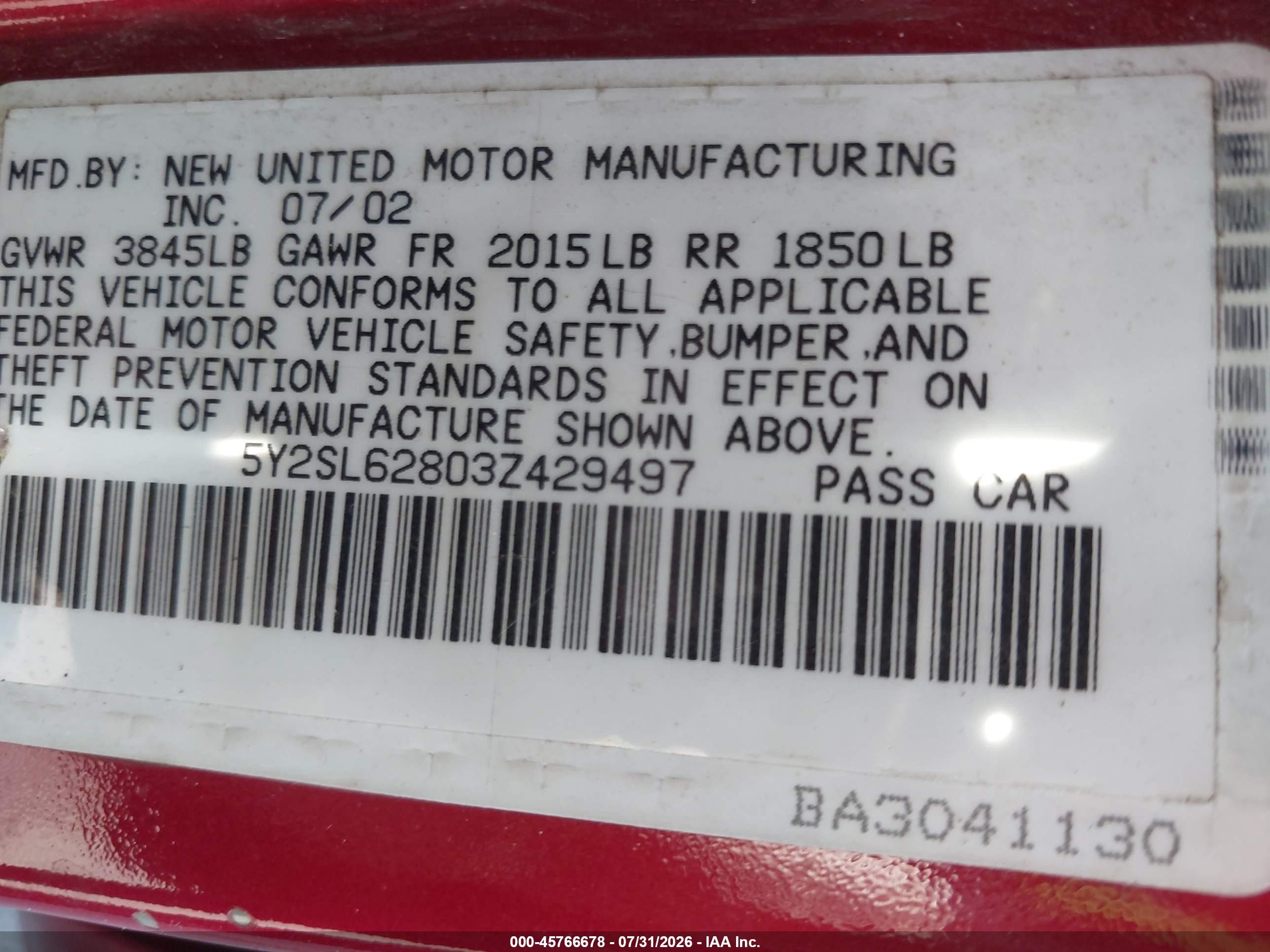 2003 Pontiac Vibe   Red vin: 5Y2SL62803Z429497