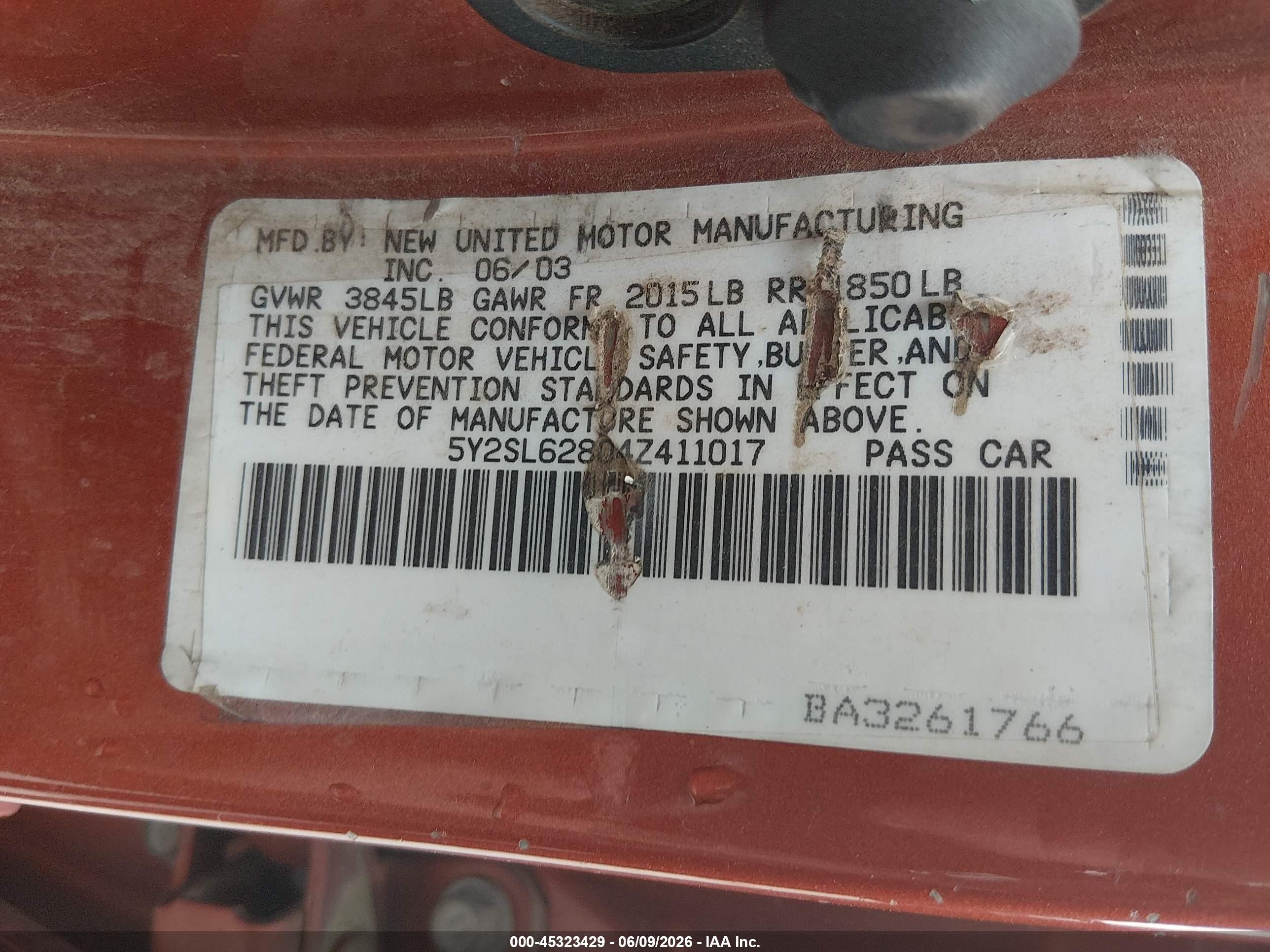 2004 Pontiac Vibe Orange vin: 5Y2SL62804Z411017