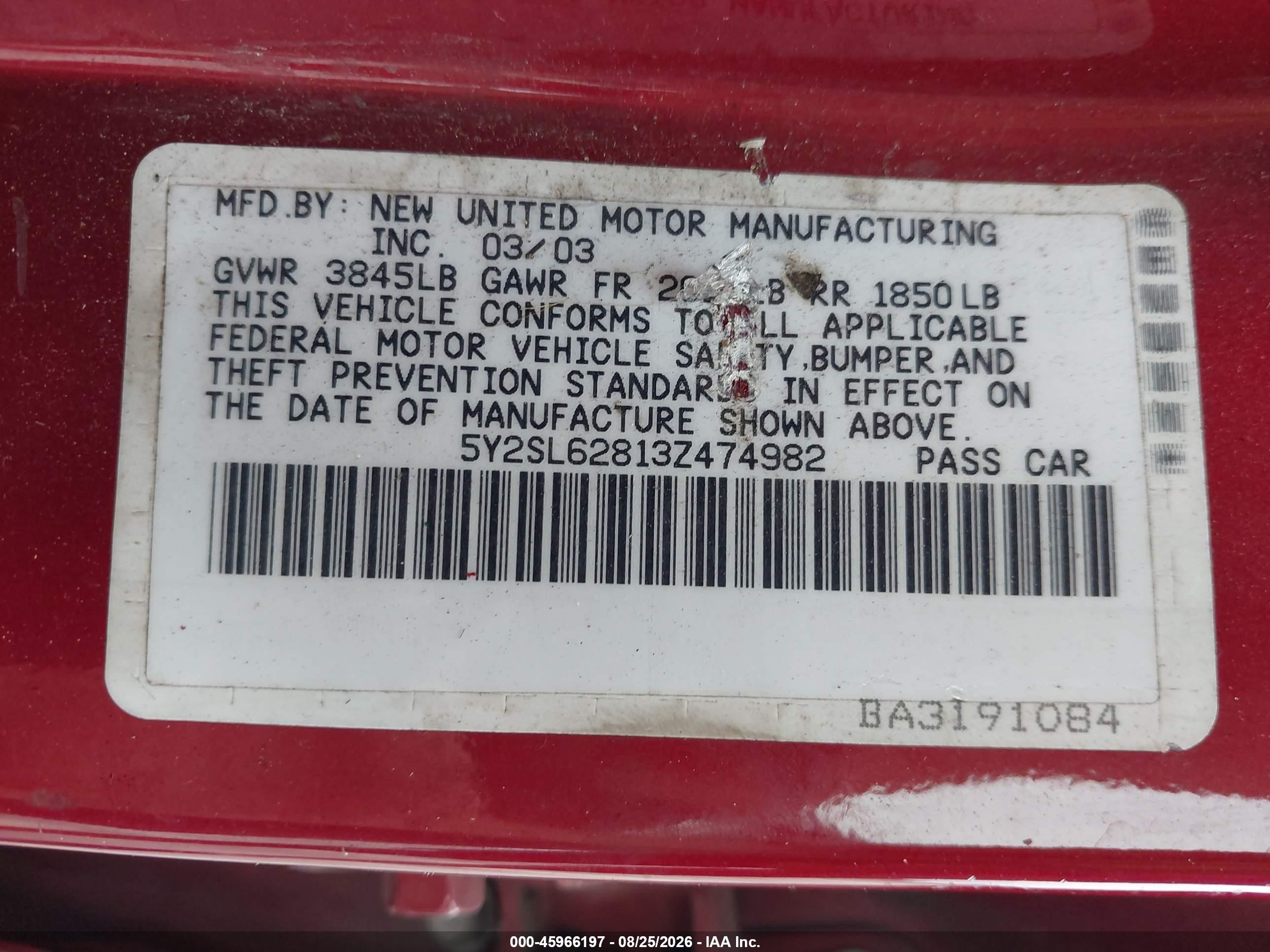 2003 Pontiac Vibe Burgundy vin: 5Y2SL62813Z474982