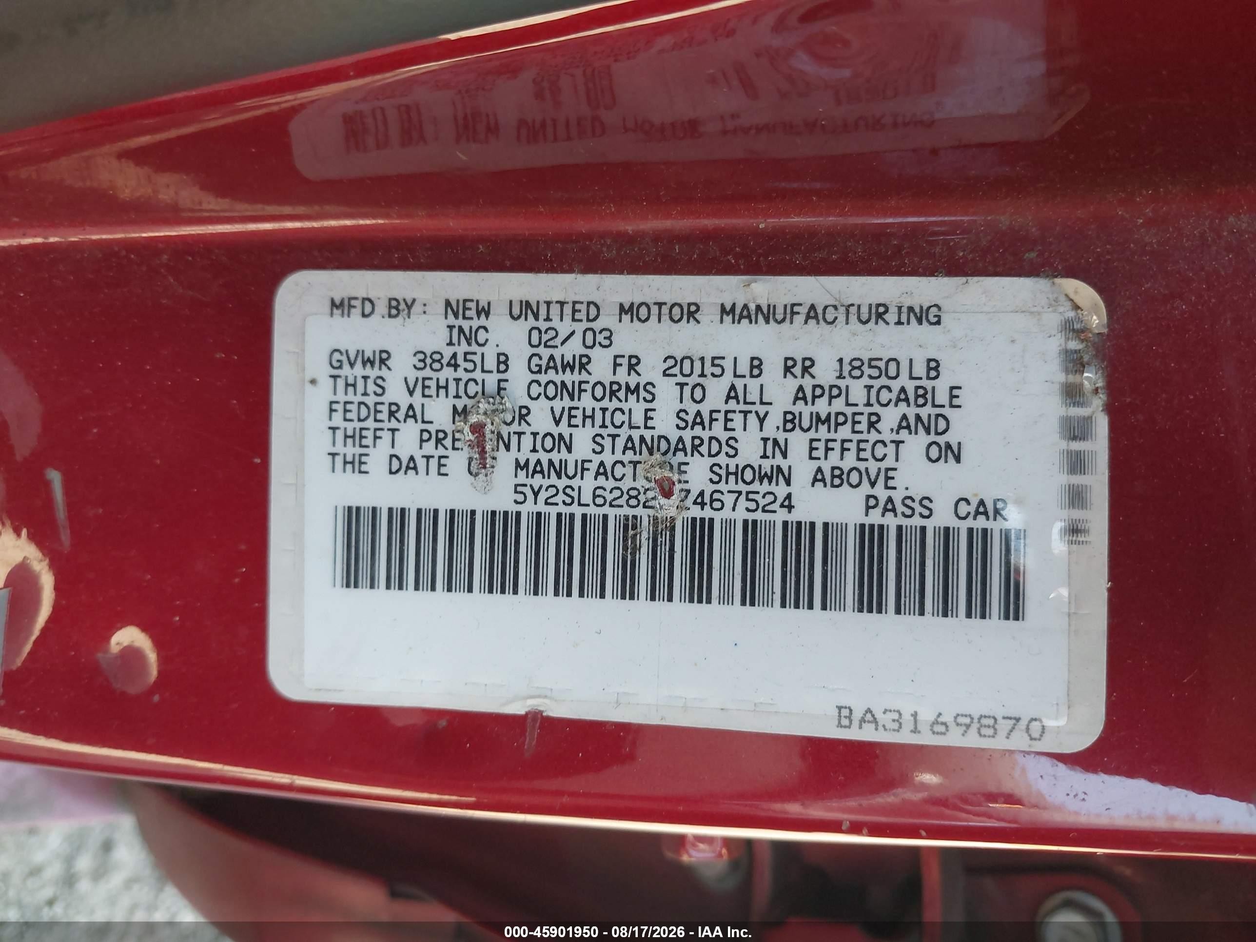 2003 Pontiac Vibe   Orange vin: 5Y2SL62823Z467524