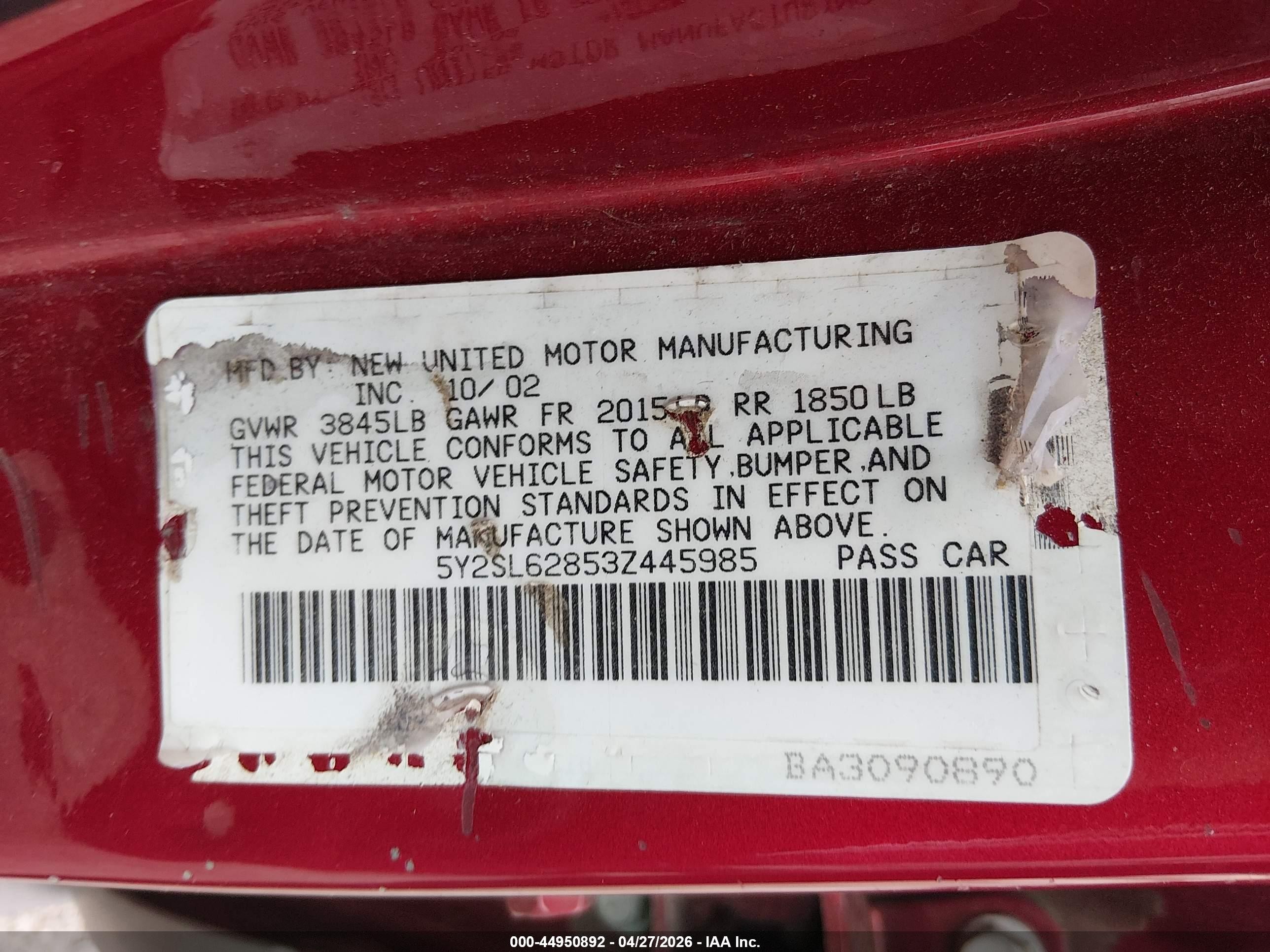 2003 Pontiac Vibe   Red vin: 5Y2SL62853Z445985