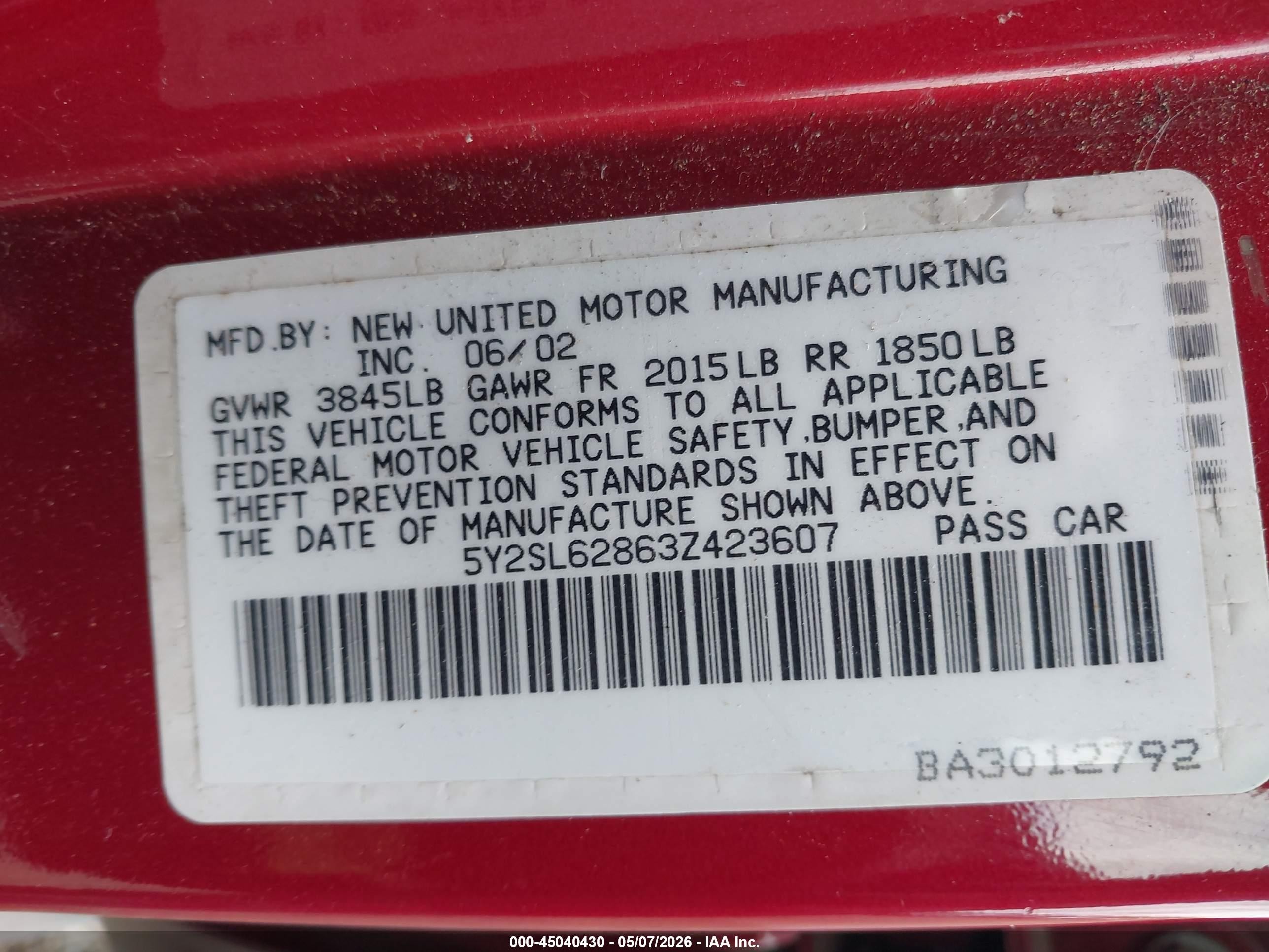 2003 Pontiac Vibe   Red vin: 5Y2SL62863Z423607
