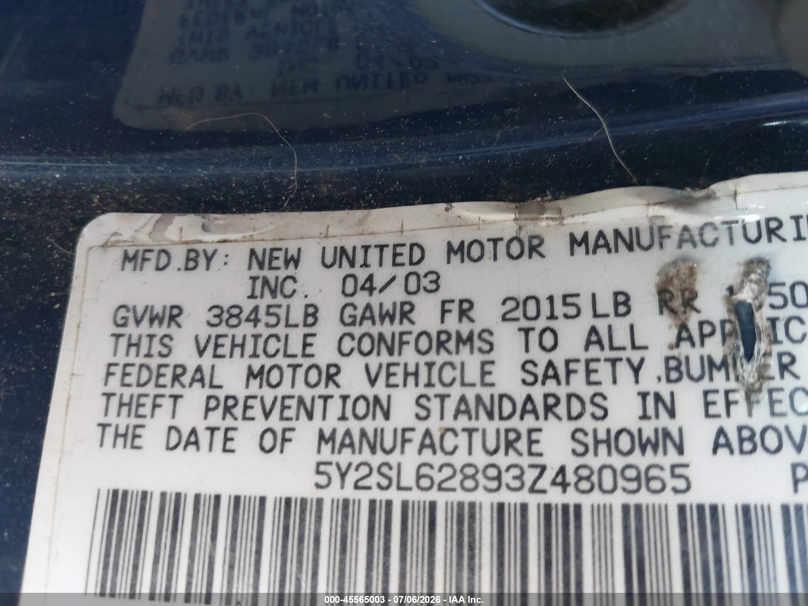 2003 Pontiac Vibe   Blue vin: 5Y2SL62893Z480965