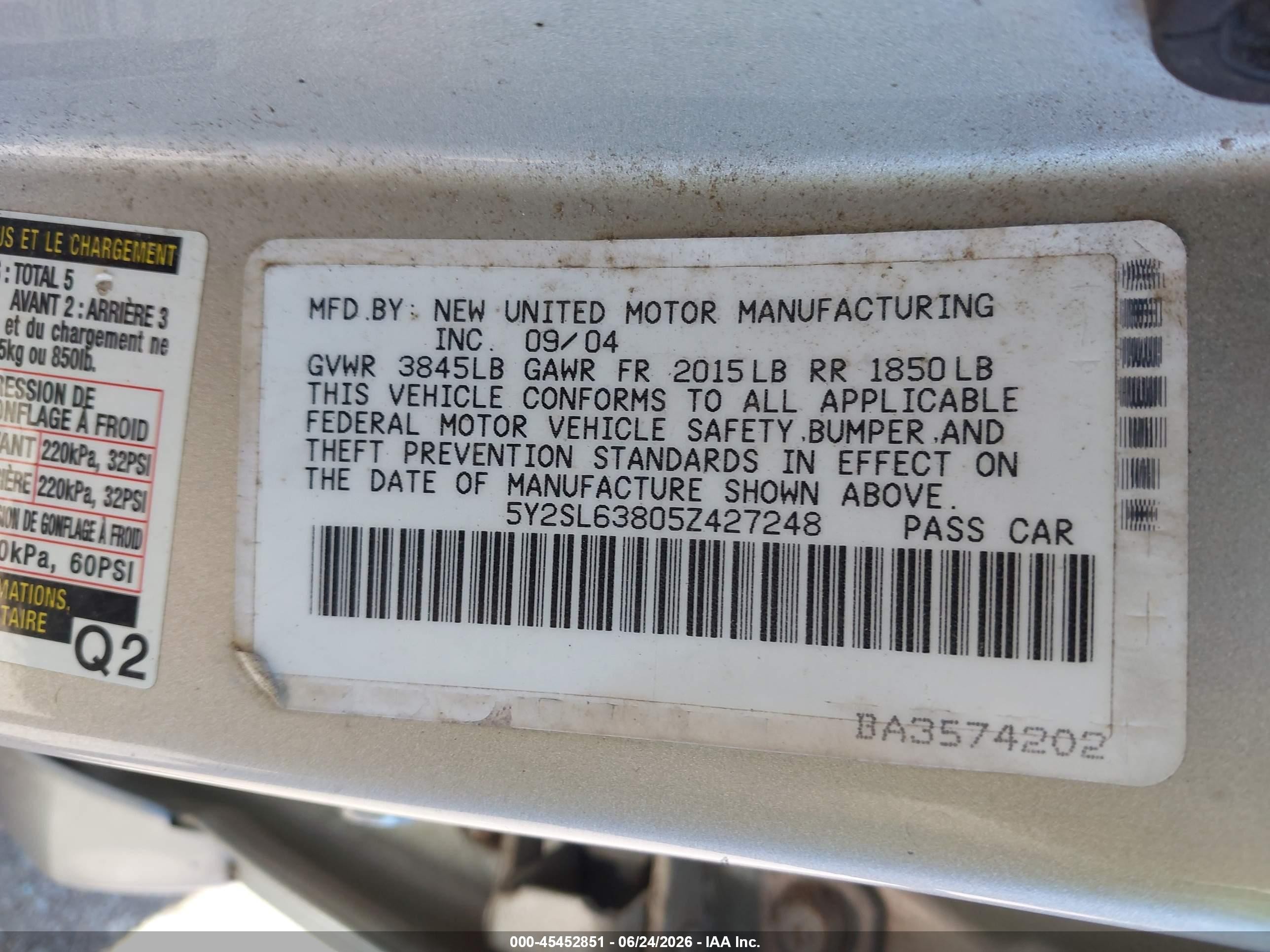 2005 Pontiac Vibe   Silver vin: 5Y2SL63805Z427248