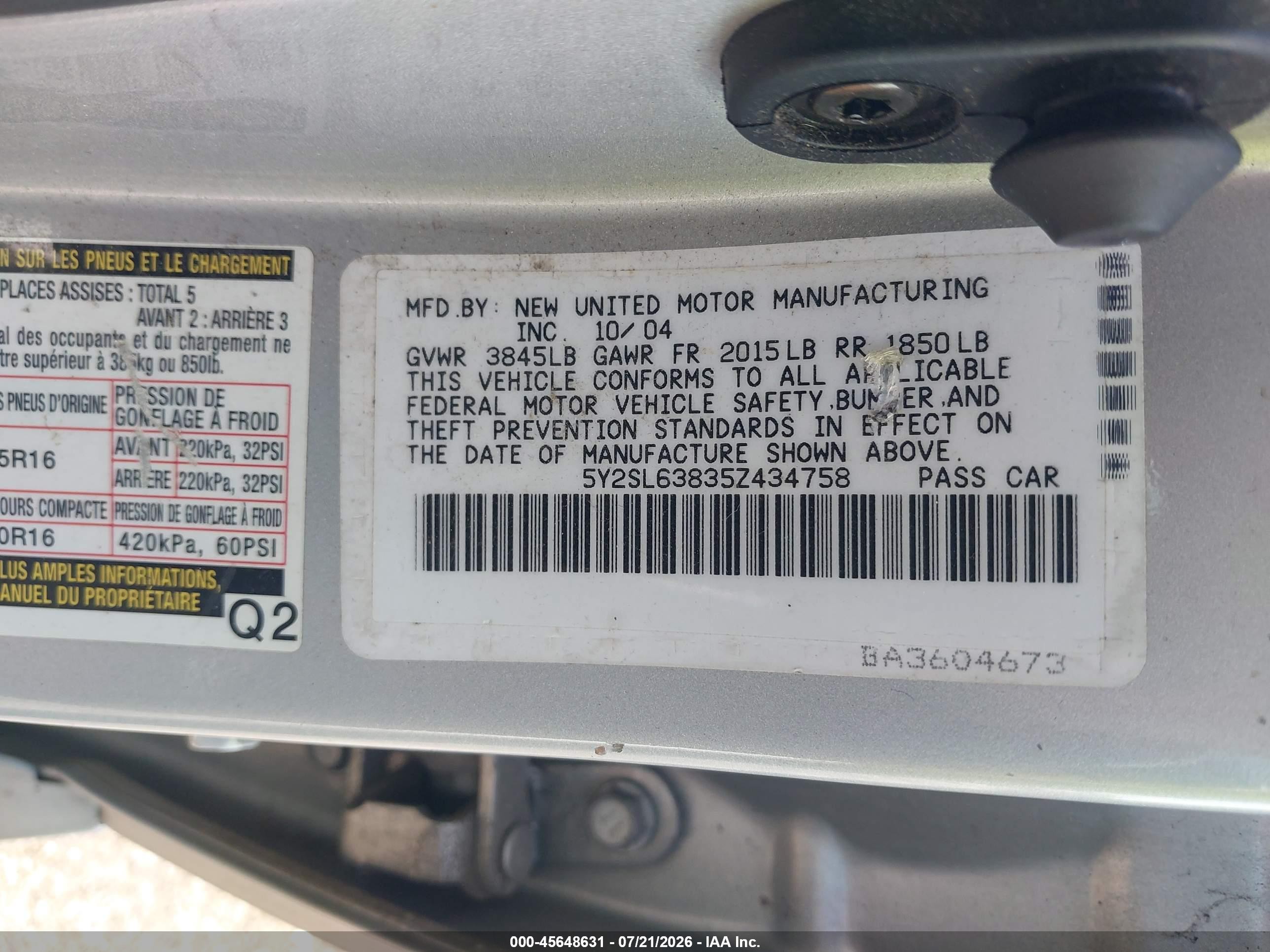 2005 Pontiac Vibe   Silver vin: 5Y2SL63835Z434758