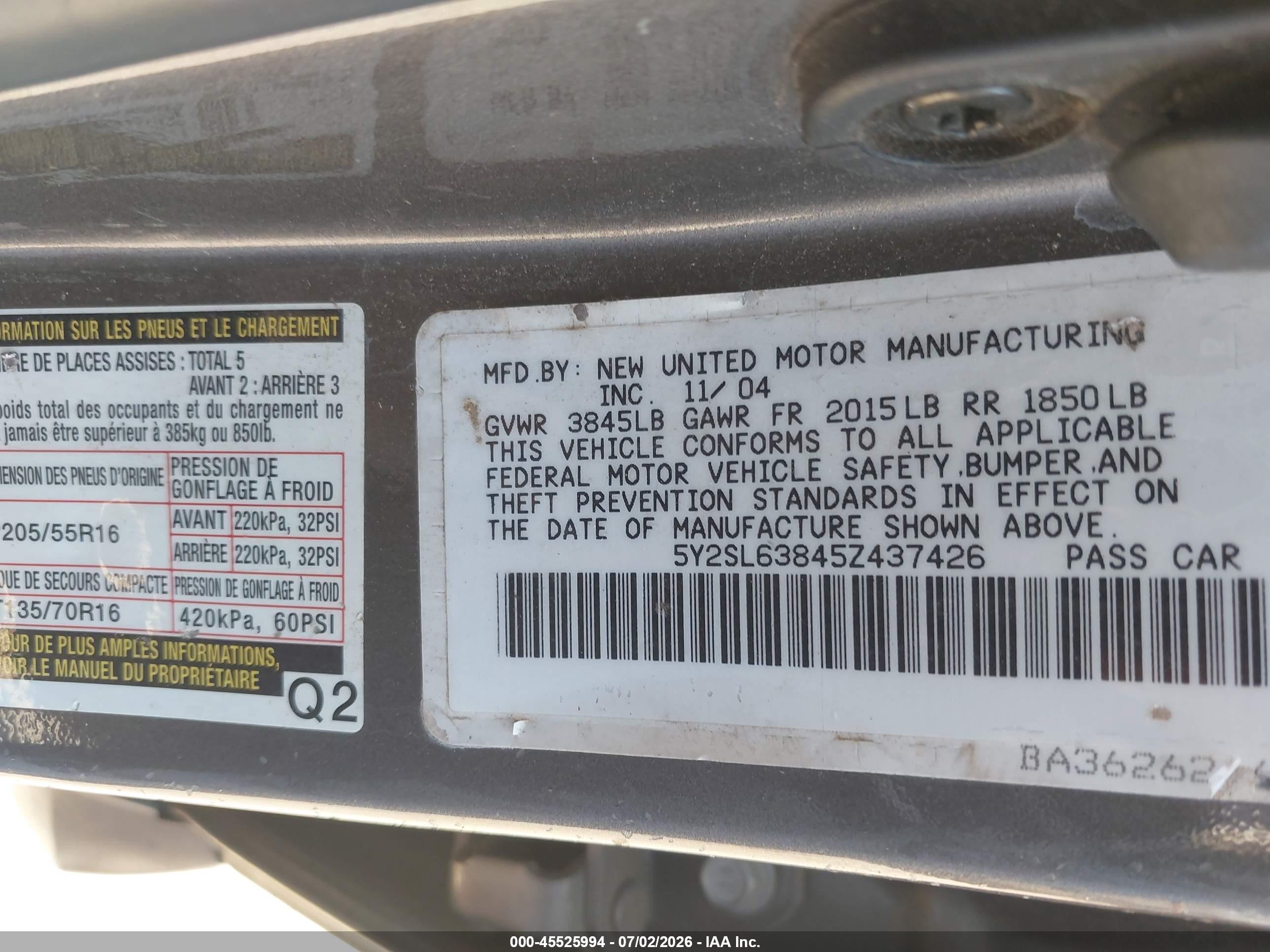 2005 Pontiac Vibe   Gray vin: 5Y2SL63845Z437426