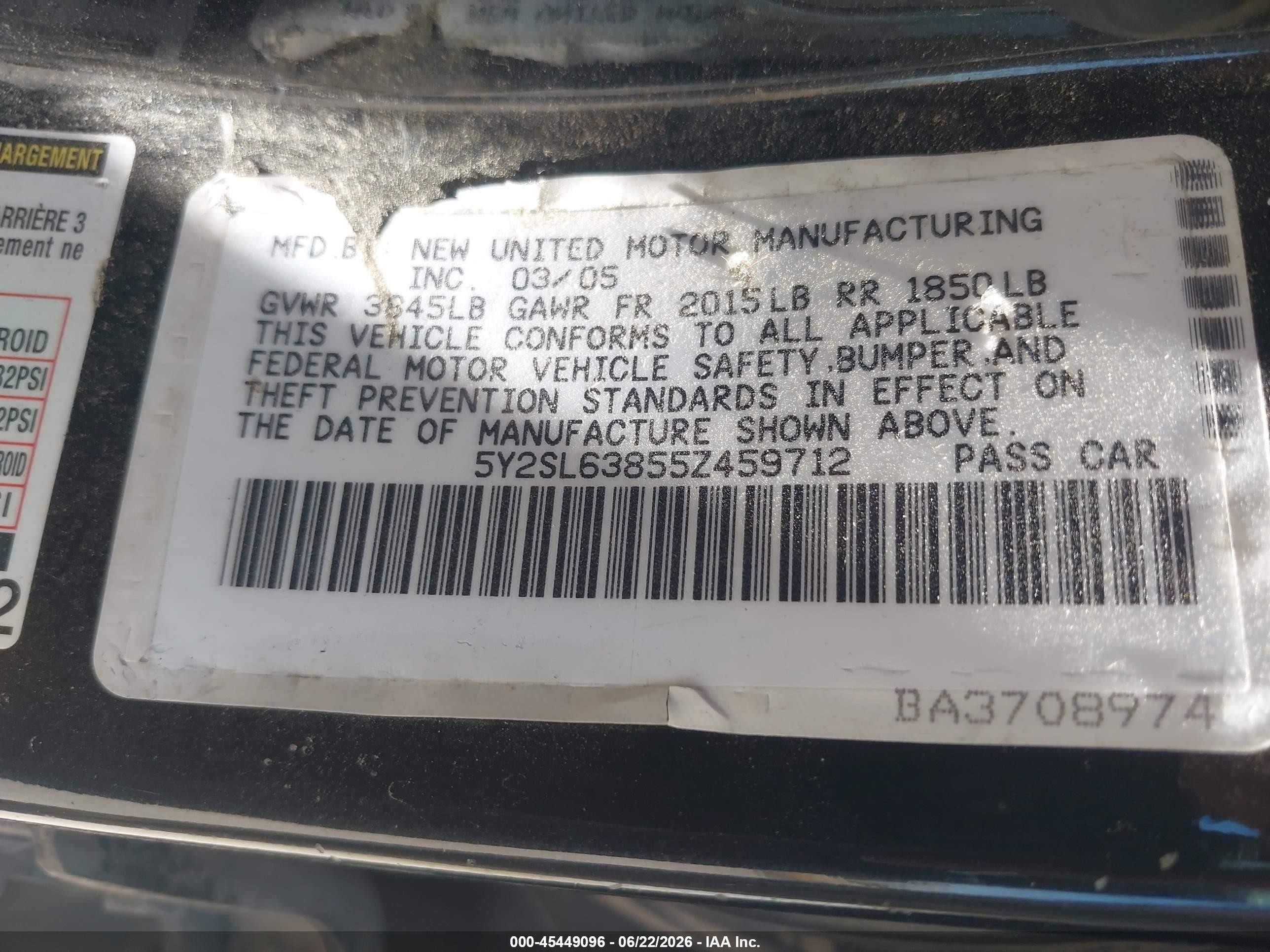 2005 Pontiac Vibe   Black vin: 5Y2SL63855Z459712