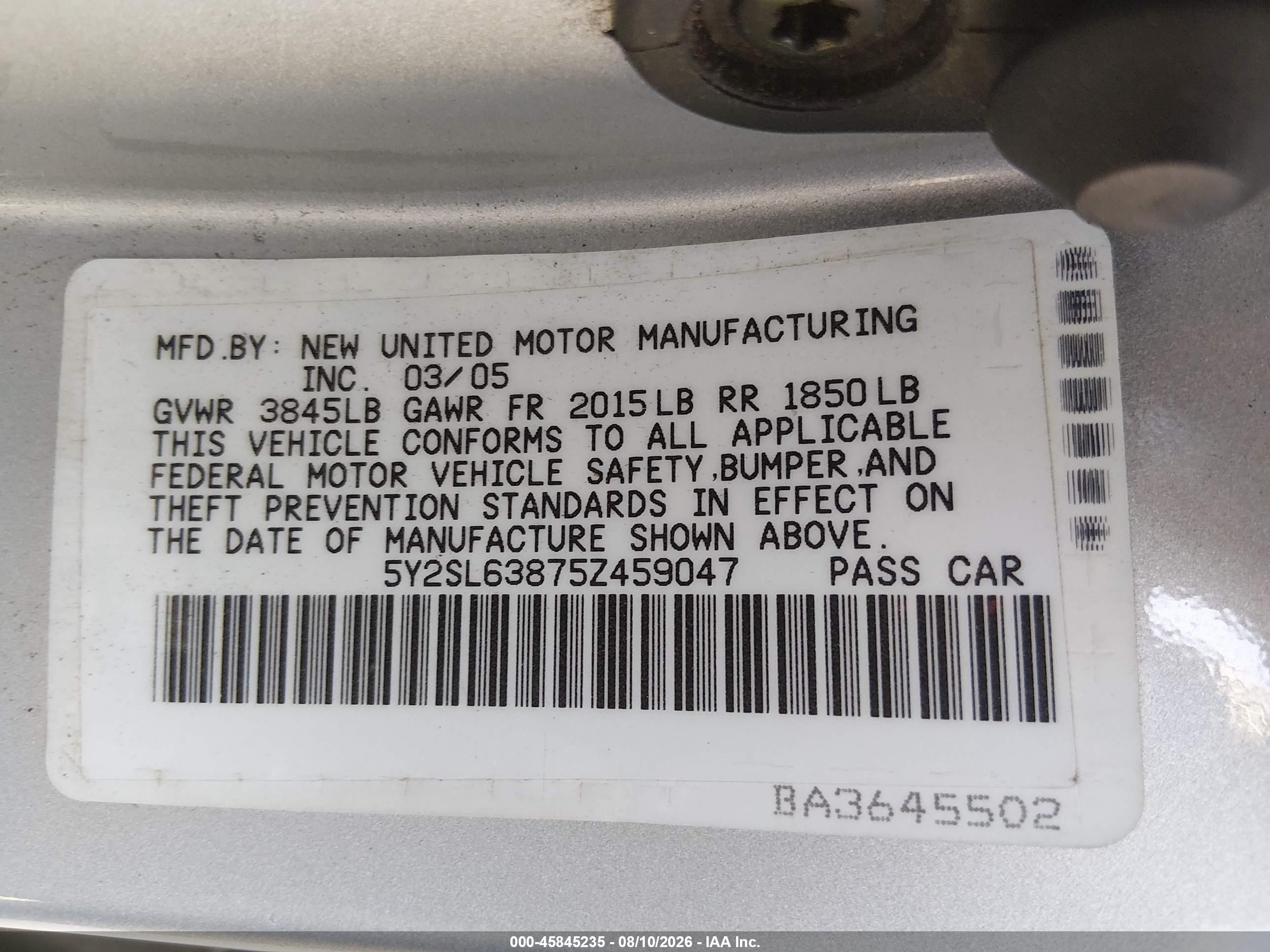 2005 Pontiac Vibe   Silver vin: 5Y2SL63875Z459047