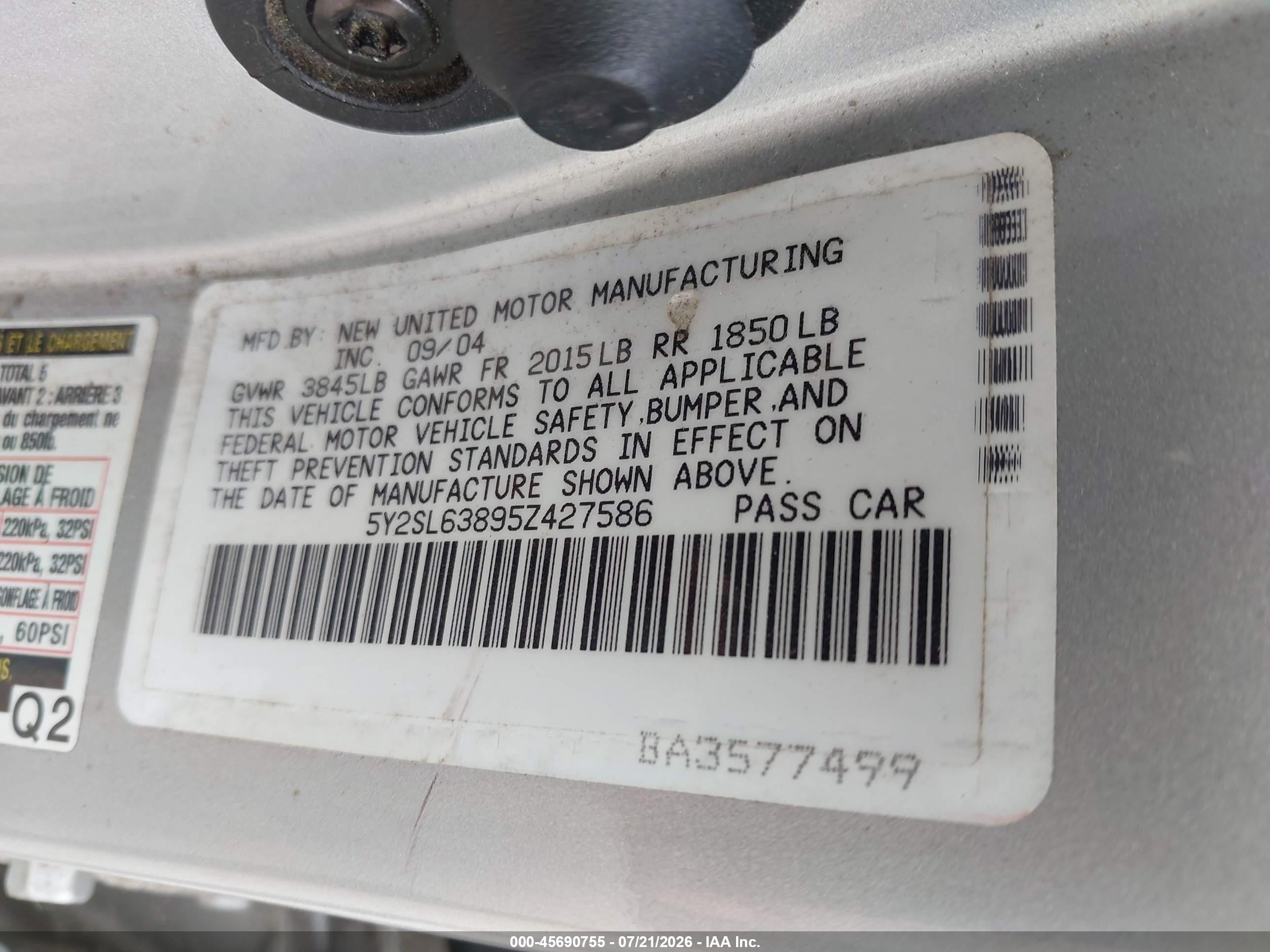 2005 Pontiac Vibe   Silver vin: 5Y2SL63895Z427586