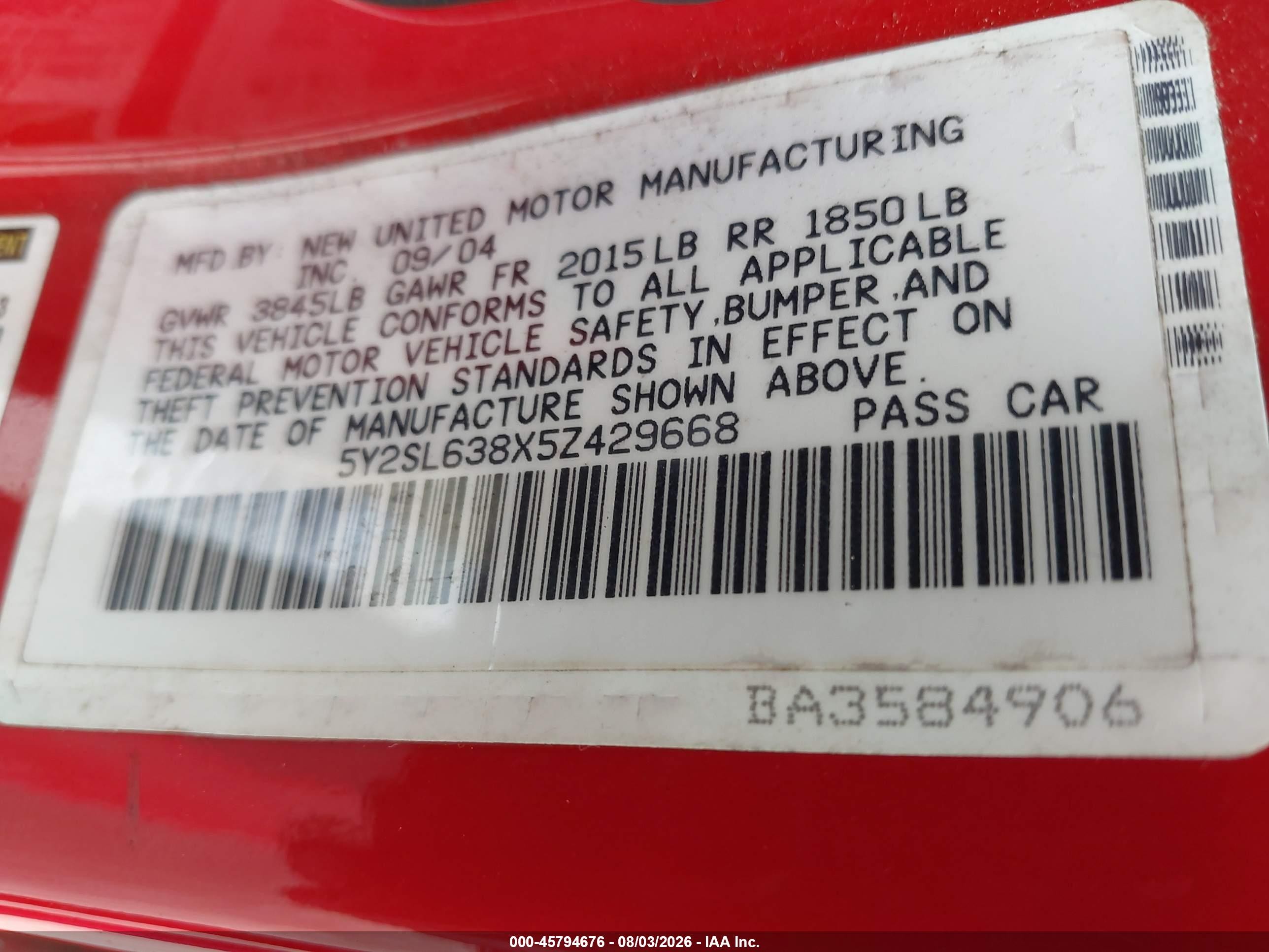 2005 Pontiac Vibe   Red vin: 5Y2SL638X5Z429668