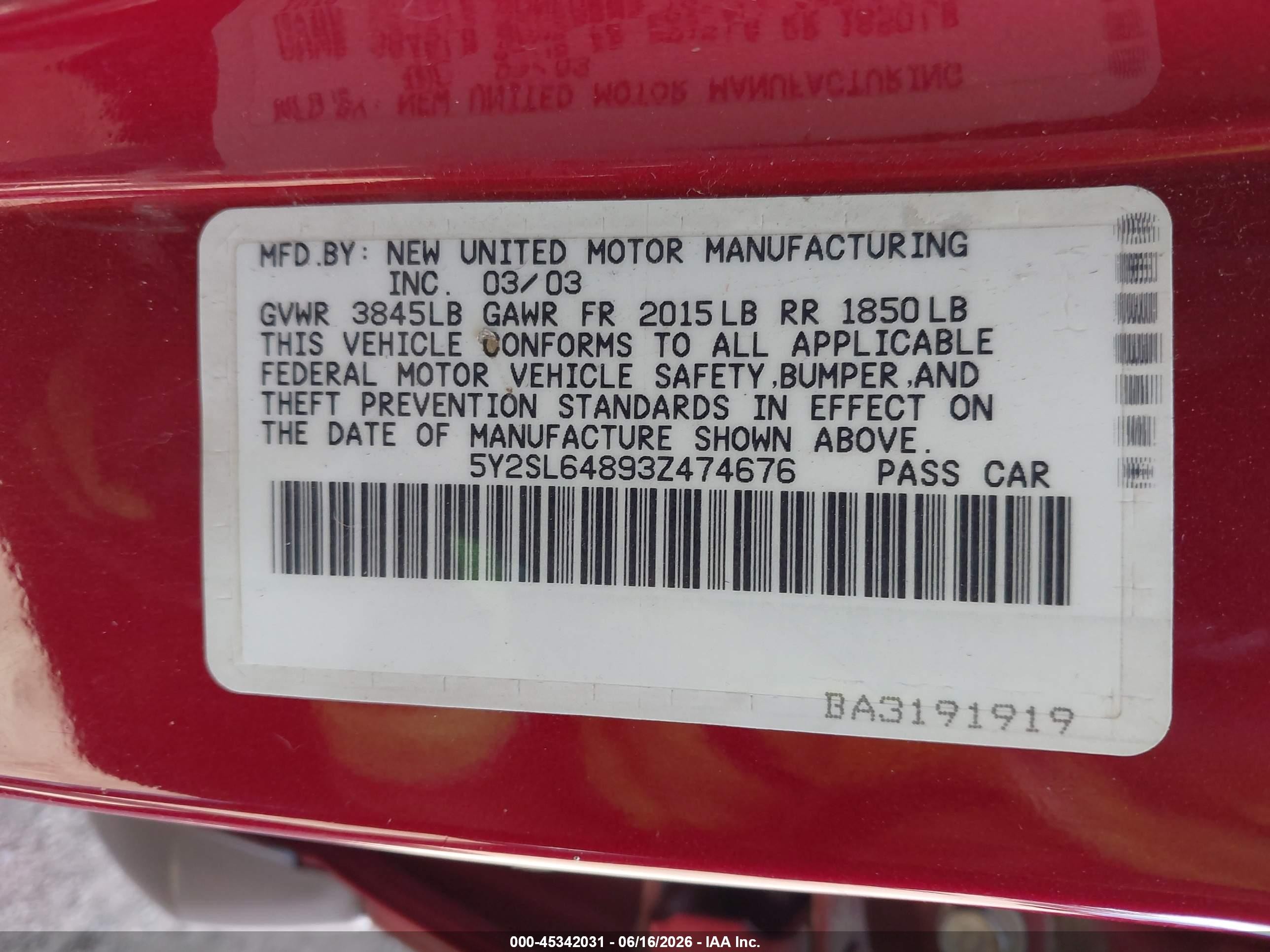 2003 Pontiac Vibe Red vin: 5Y2SL64893Z474676