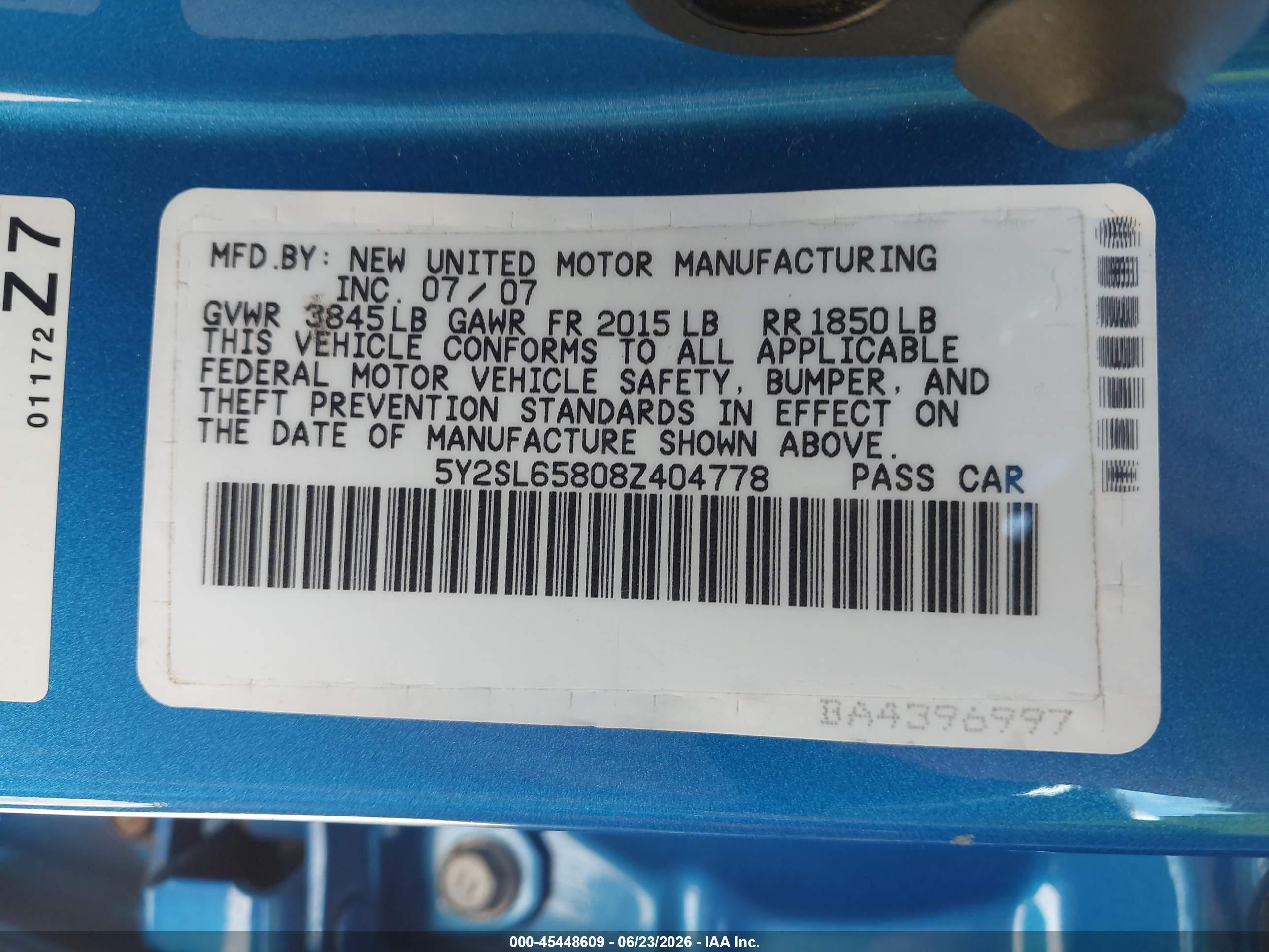 2008 Pontiac Vibe   Blue vin: 5Y2SL65808Z404778