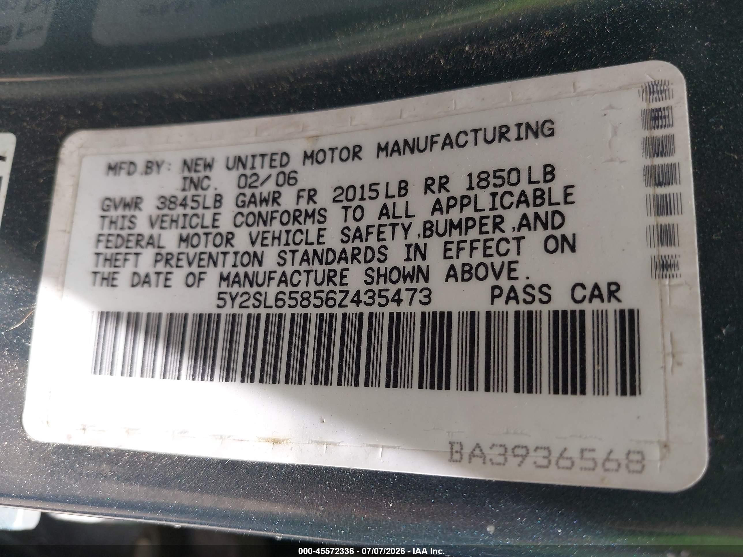 2006 Pontiac Vibe   Blue vin: 5Y2SL65856Z435473