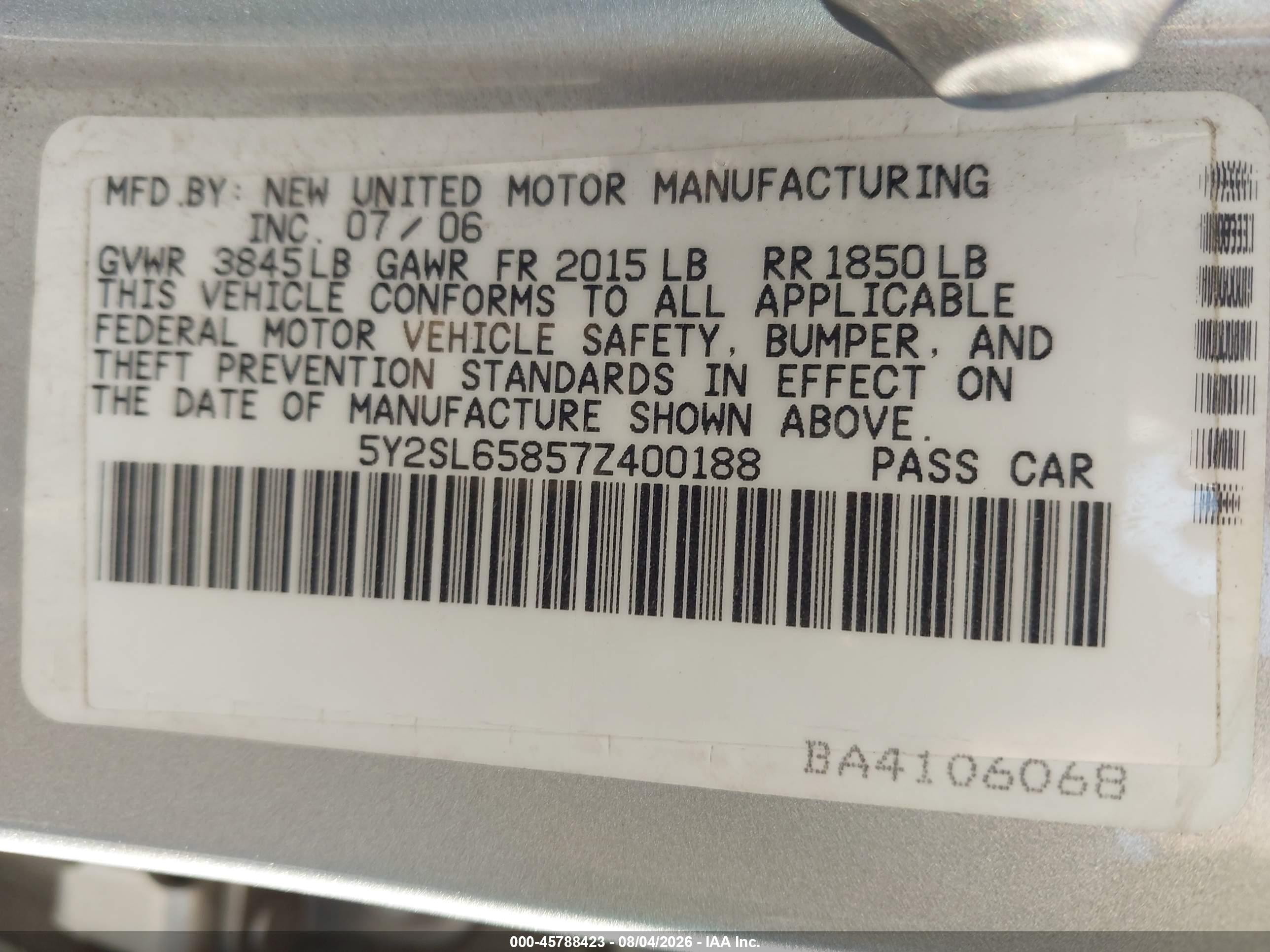 2007 Pontiac Vibe   Gray vin: 5Y2SL65857Z400188
