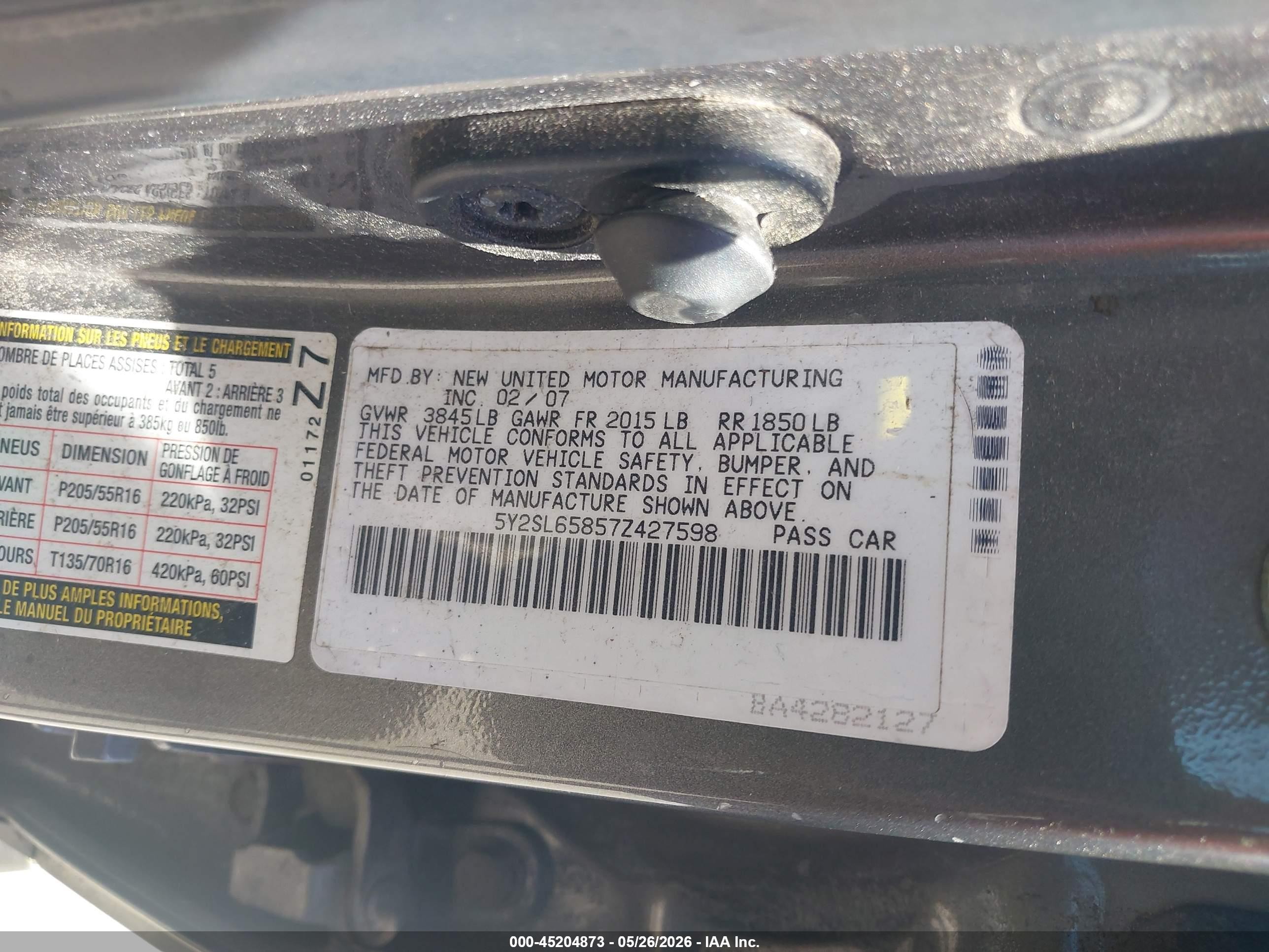 2007 Pontiac Vibe   Gray vin: 5Y2SL65857Z427598