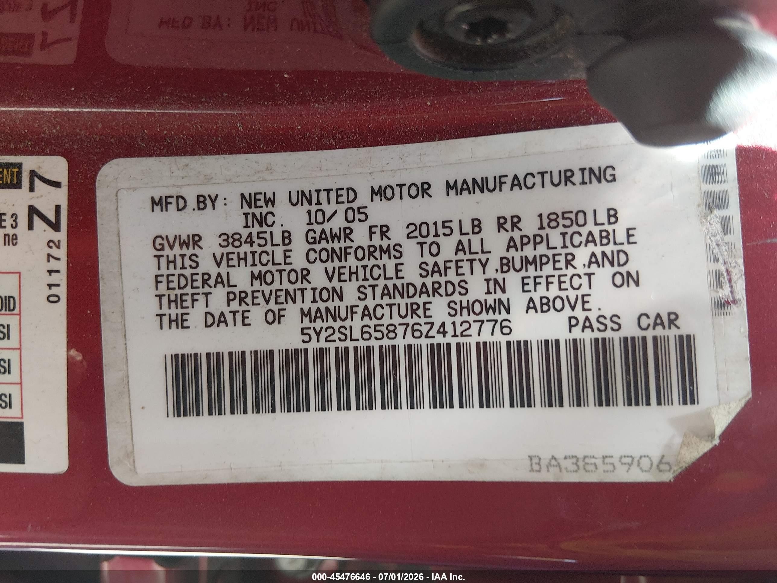 2006 Pontiac Vibe   Red vin: 5Y2SL65876Z412776