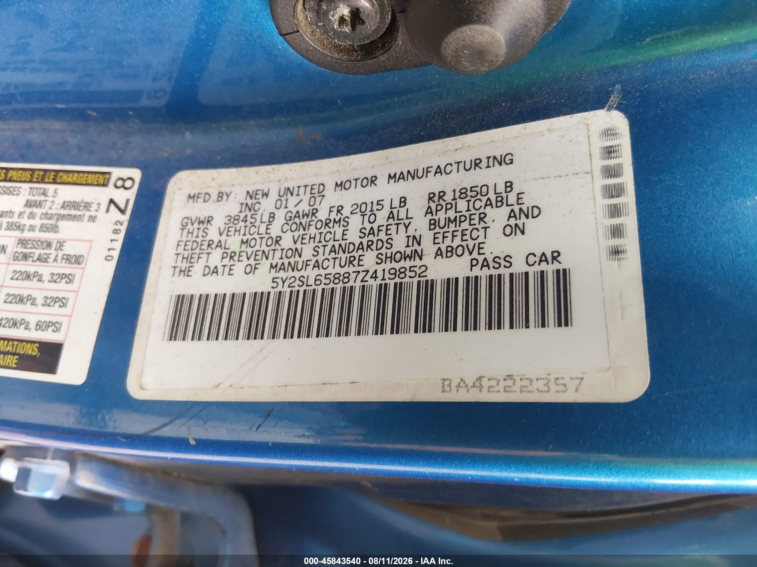 2007 Pontiac Vibe   Blue vin: 5Y2SL65887Z419852