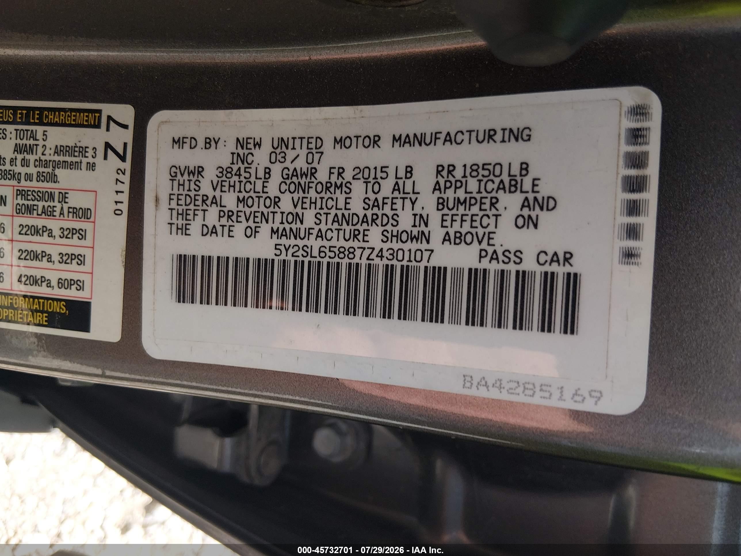 2007 Pontiac Vibe   Gray vin: 5Y2SL65887Z430107