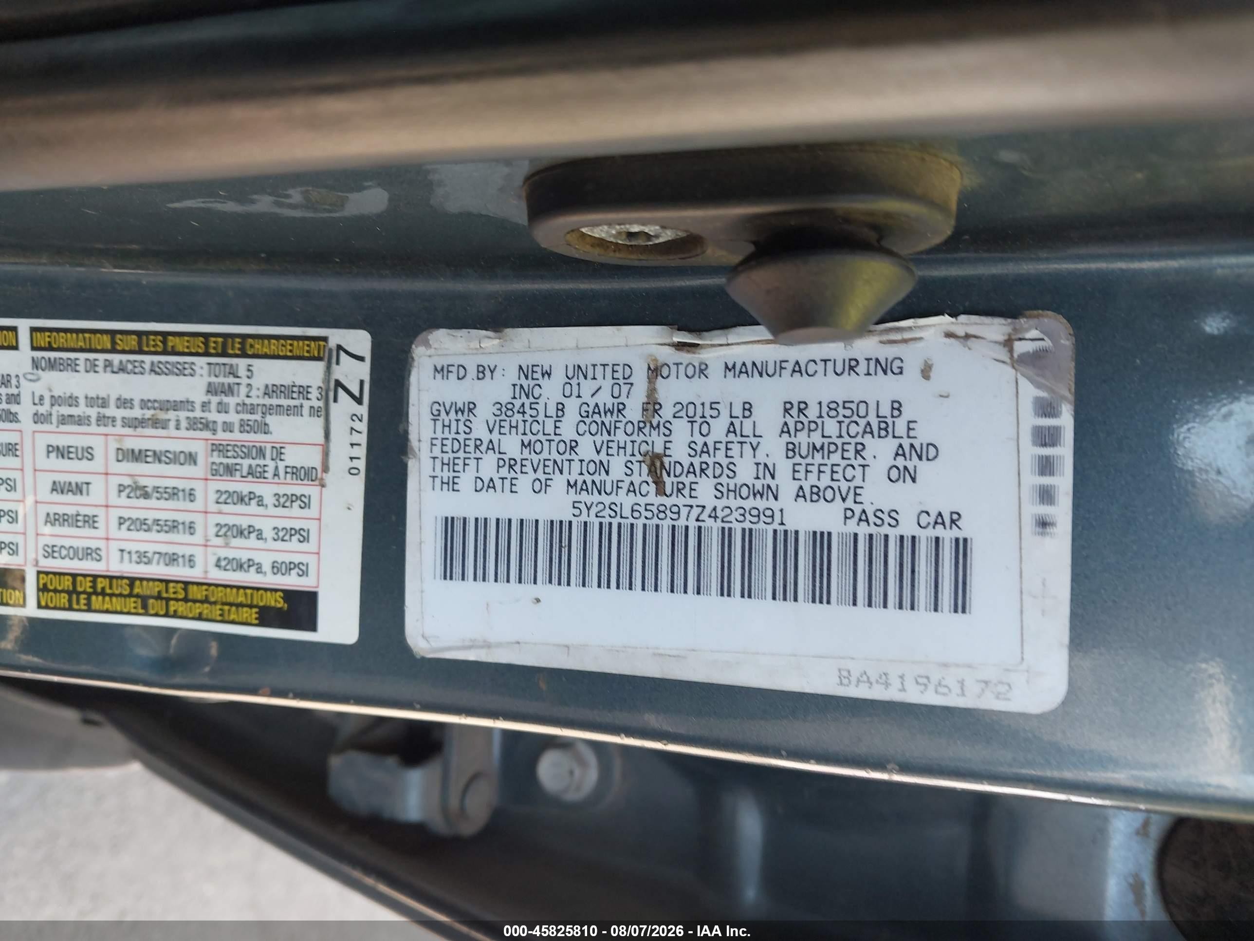 2007 Pontiac Vibe   Blue vin: 5Y2SL65897Z423991