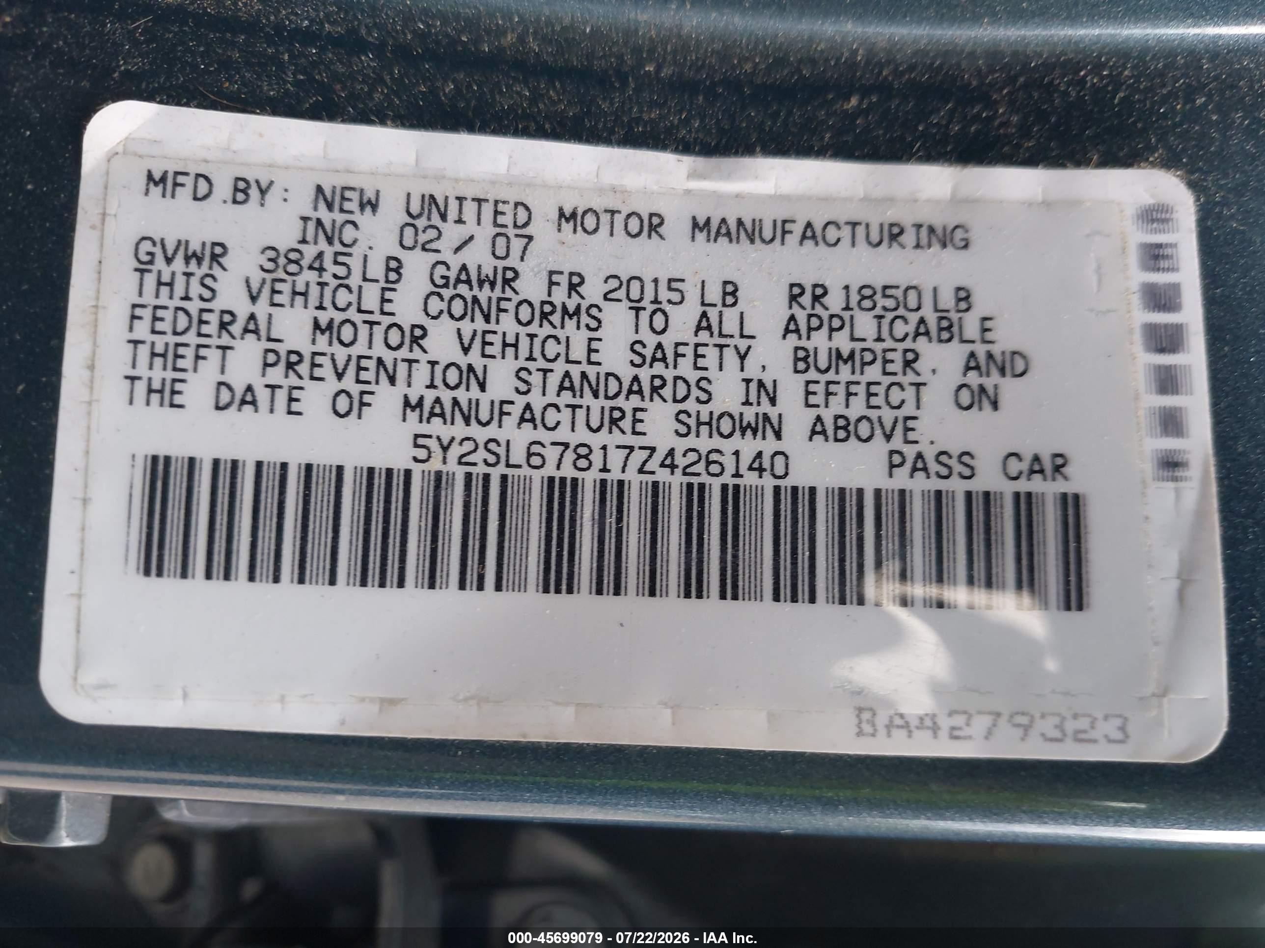 2007 Pontiac Vibe   Light Blue vin: 5Y2SL67817Z426140