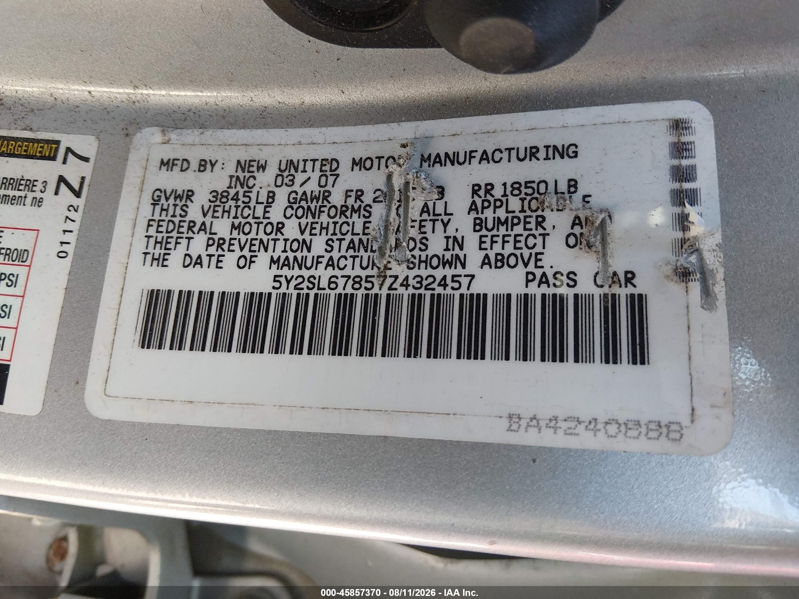 2007 Pontiac Vibe   Silver vin: 5Y2SL67857Z432457