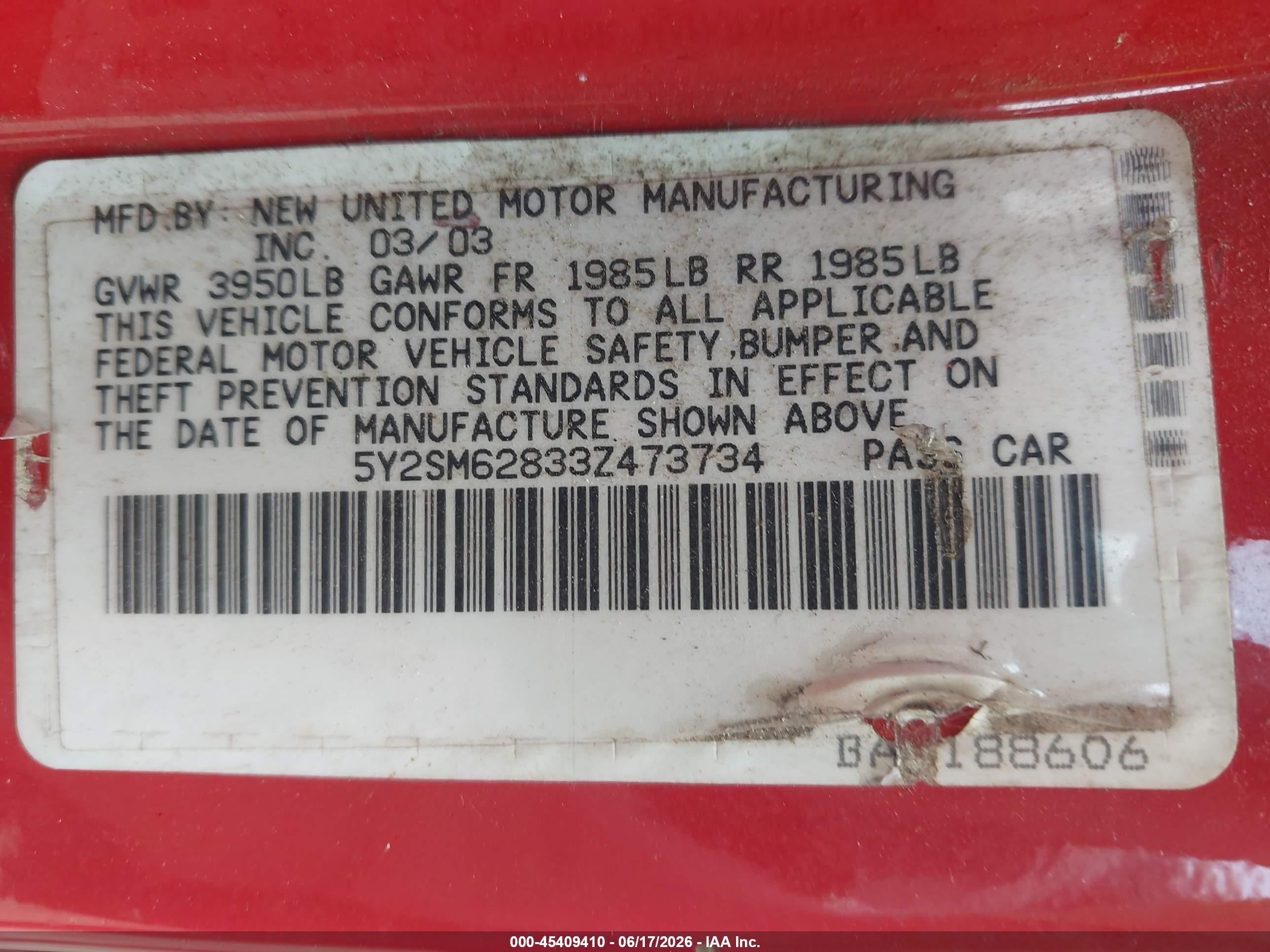 2003 Pontiac Vibe   Red vin: 5Y2SM62833Z473734