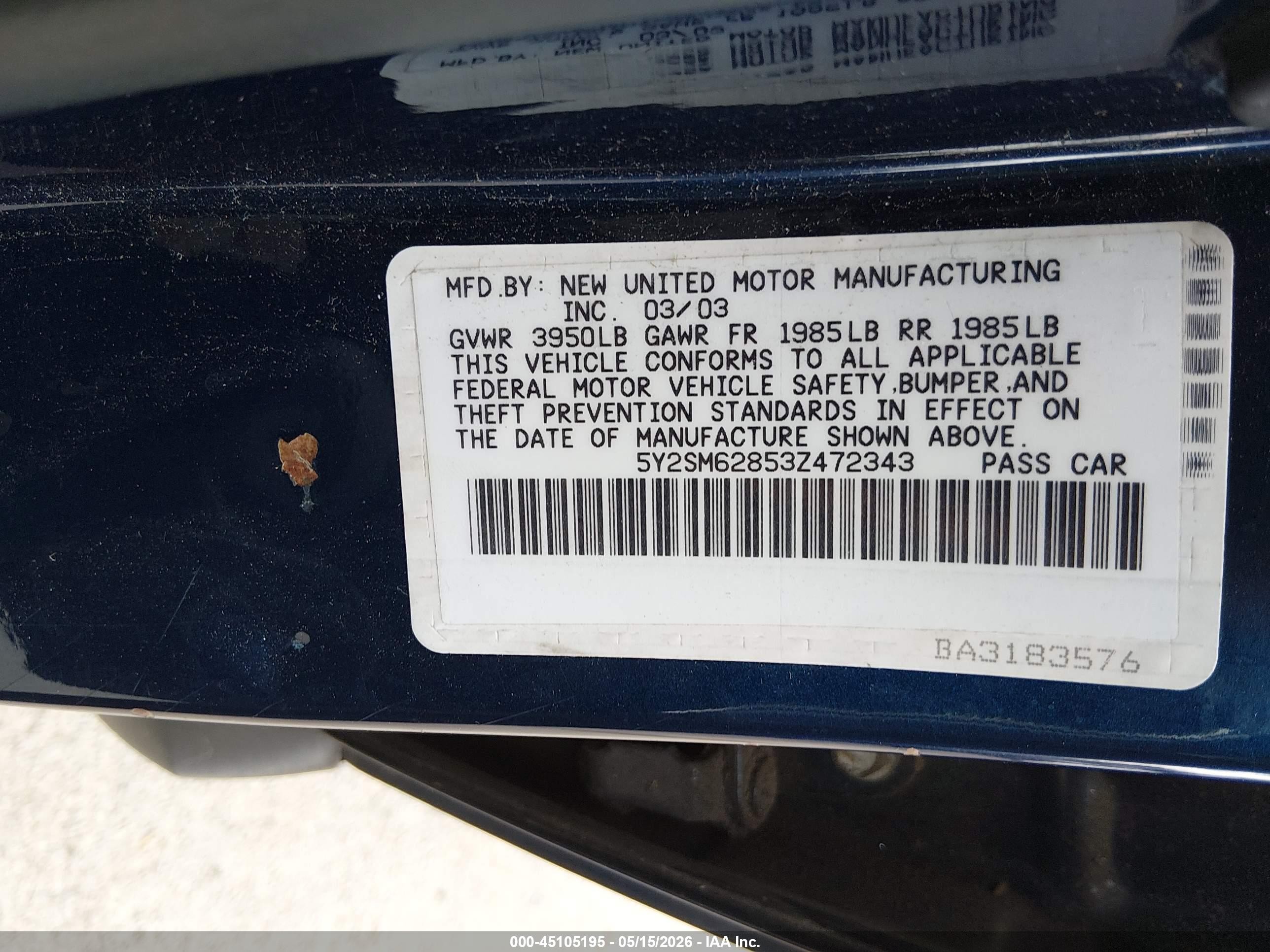 2003 Pontiac Vibe   Blue vin: 5Y2SM62853Z472343
