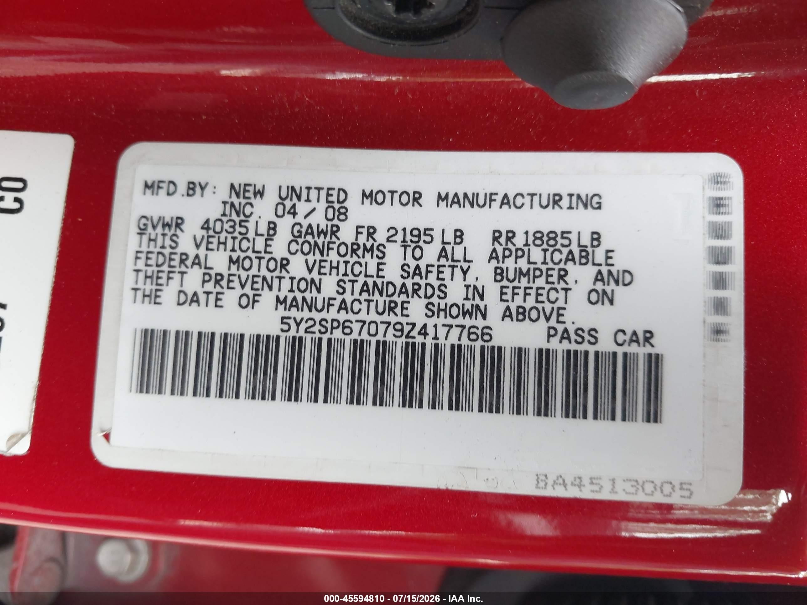 2009 Pontiac Vibe   Red vin: 5Y2SP67079Z417766