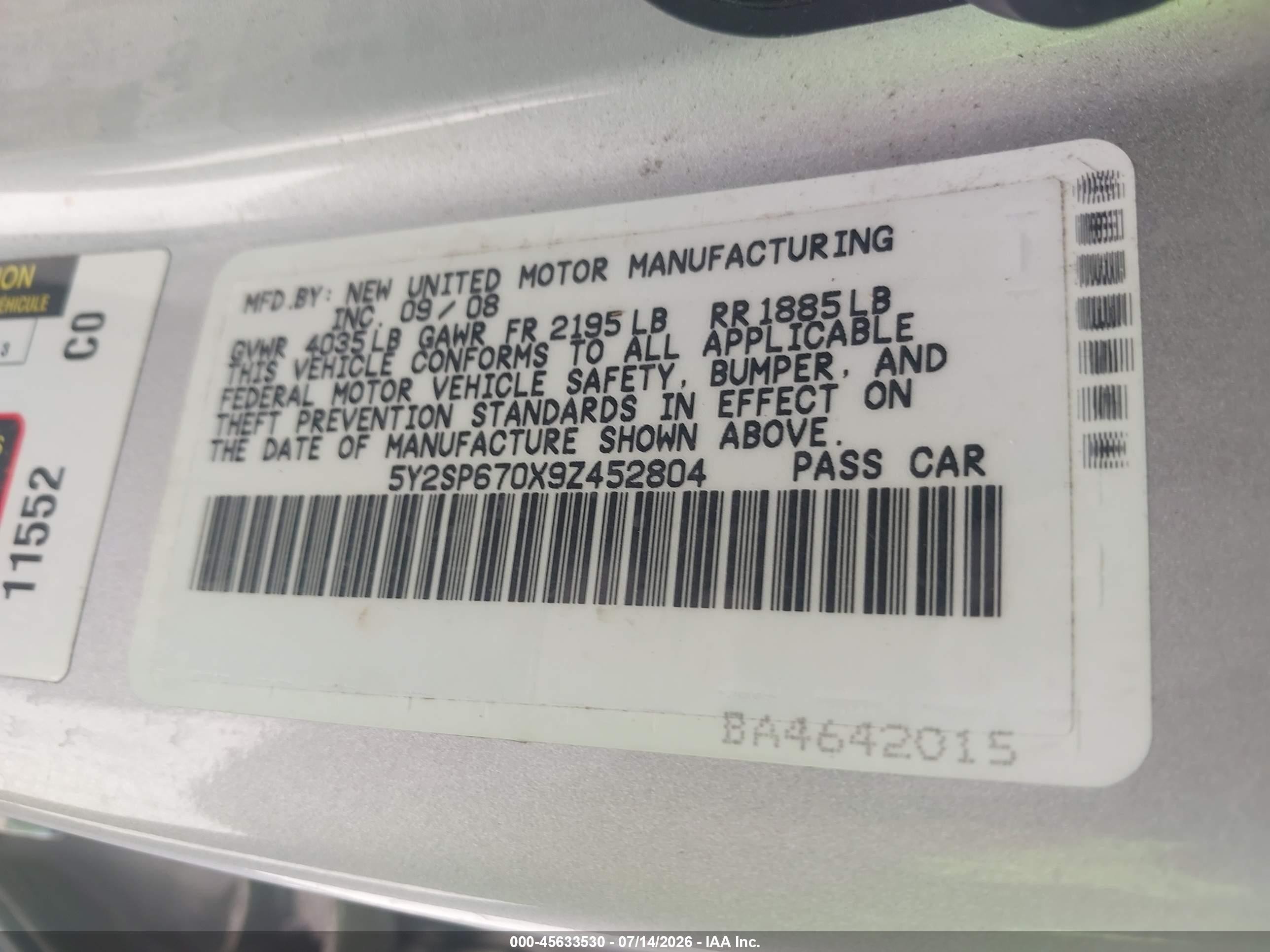 2009 Pontiac Vibe   Gray vin: 5Y2SP670X9Z452804