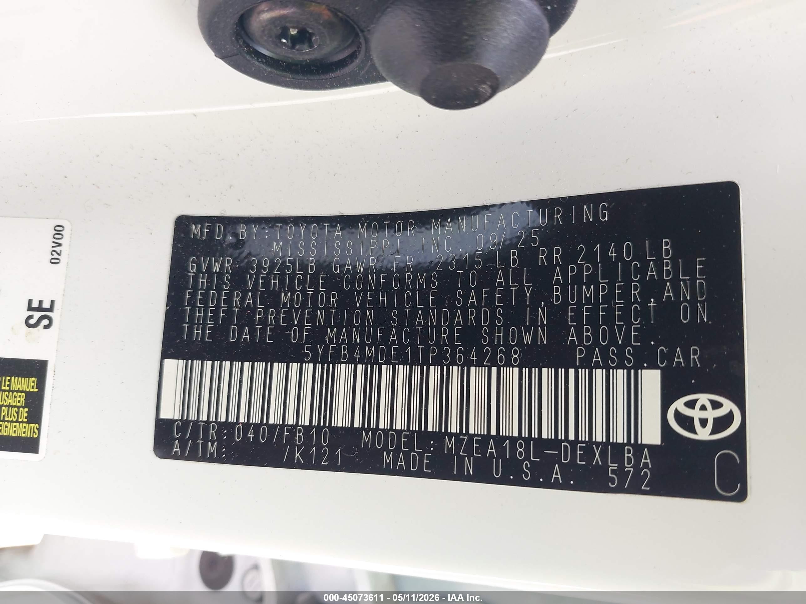 2026 Toyota Corolla Le Белый vin: 5YFB4MDE1TP364268