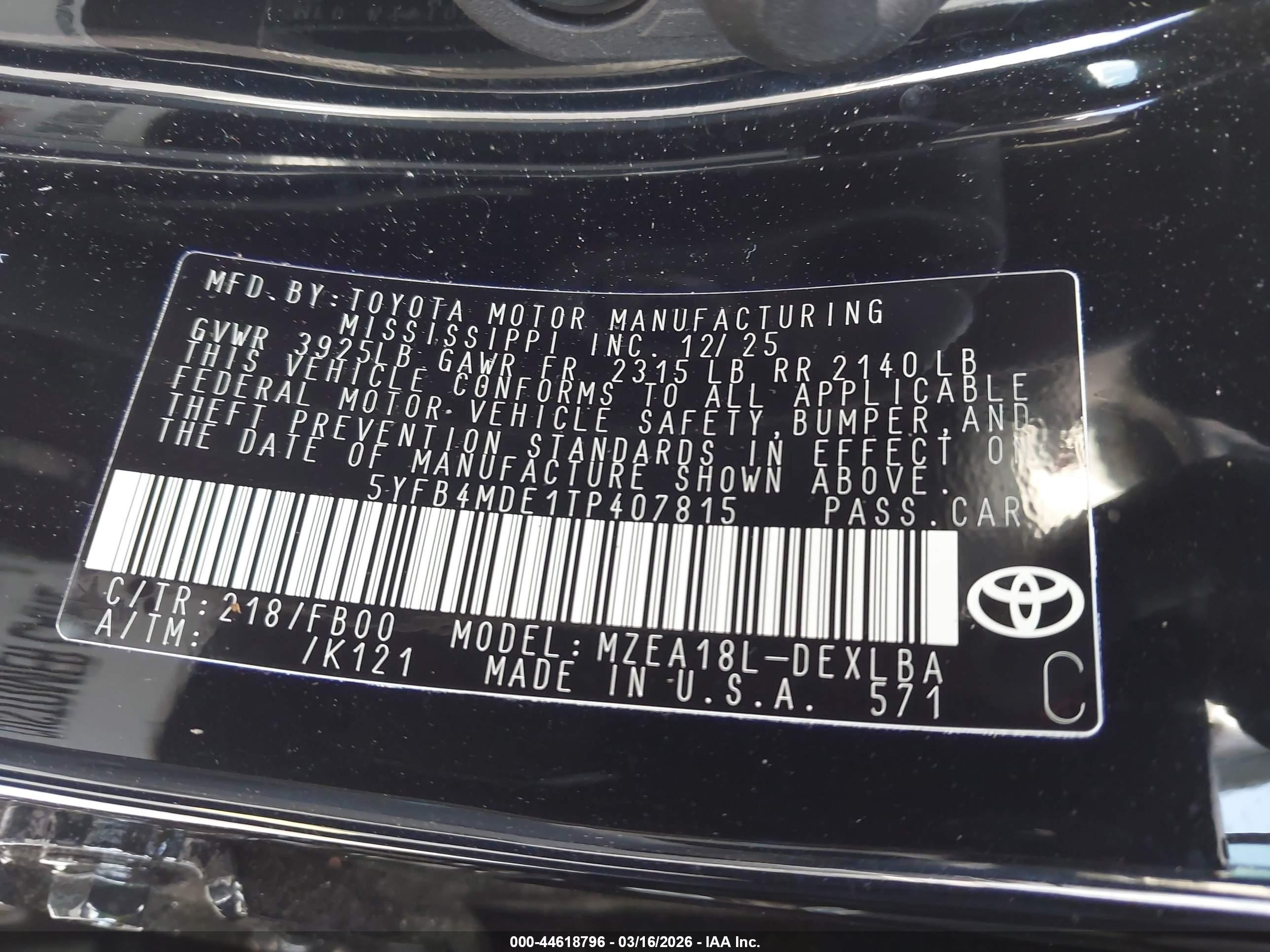2026 Toyota Corolla Le Black vin: 5YFB4MDE1TP407815