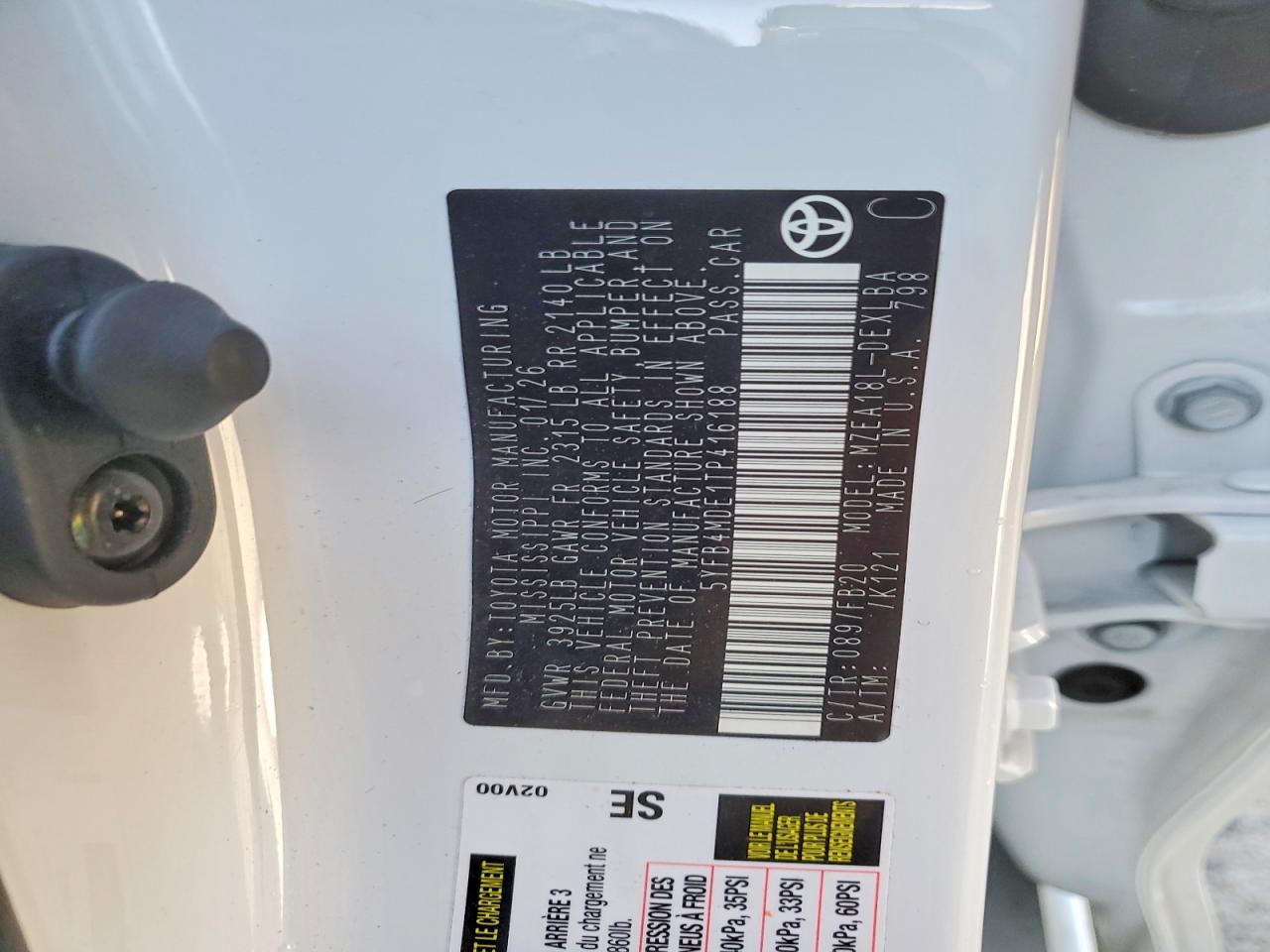 2026 Toyota Corolla White vin: 5YFB4MDE1TP416188