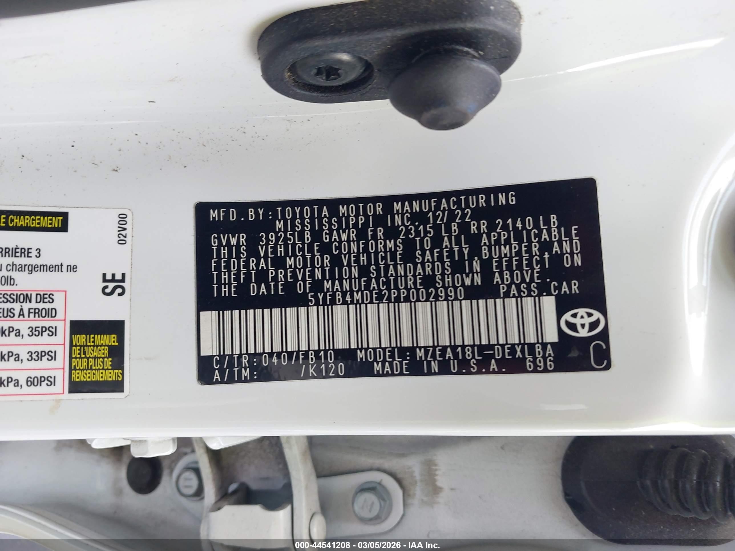 2023 Toyota Corolla Le White vin: 5YFB4MDE2PP002990