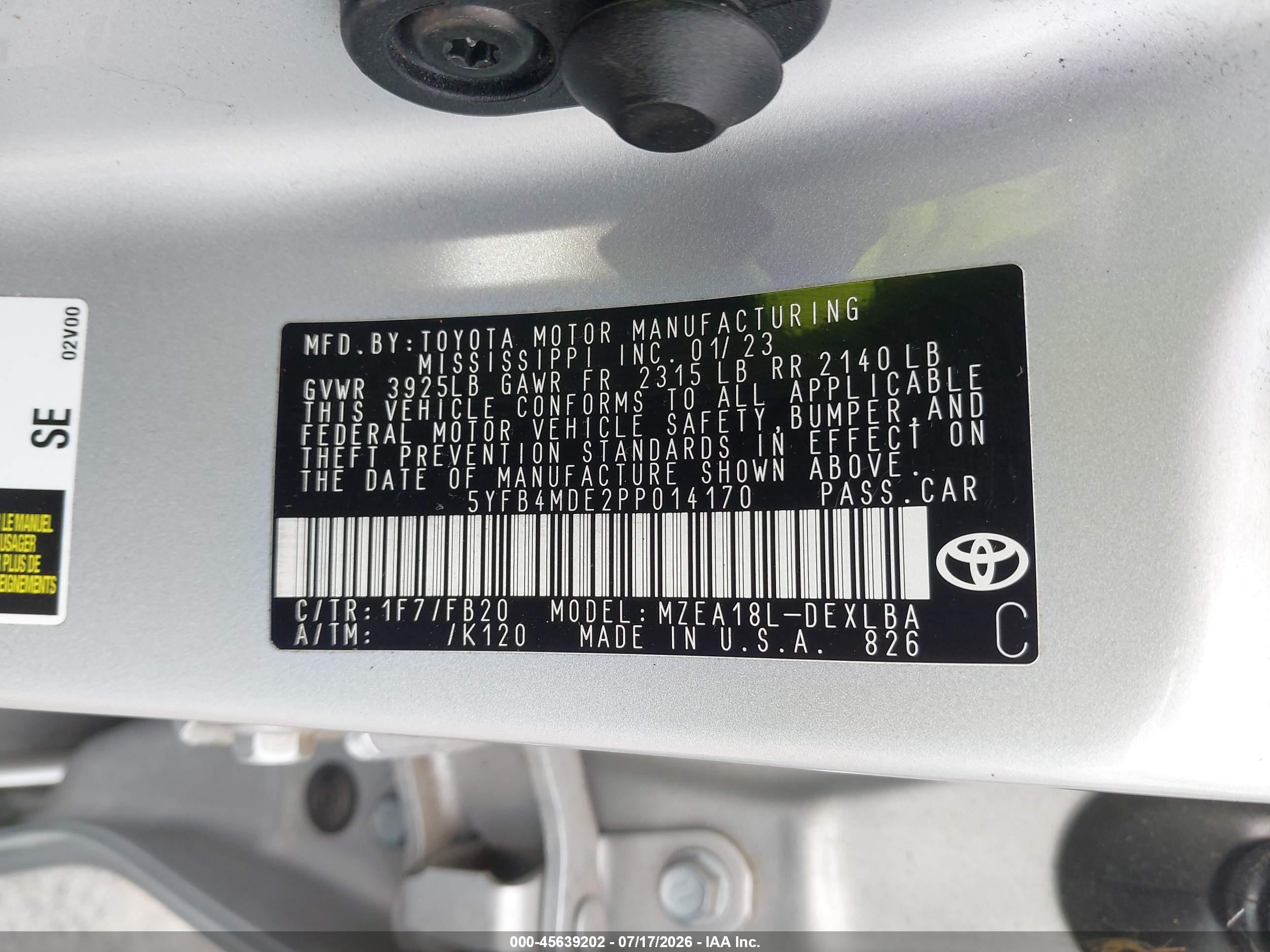 2023 Toyota Corolla Le Silver vin: 5YFB4MDE2PP014170
