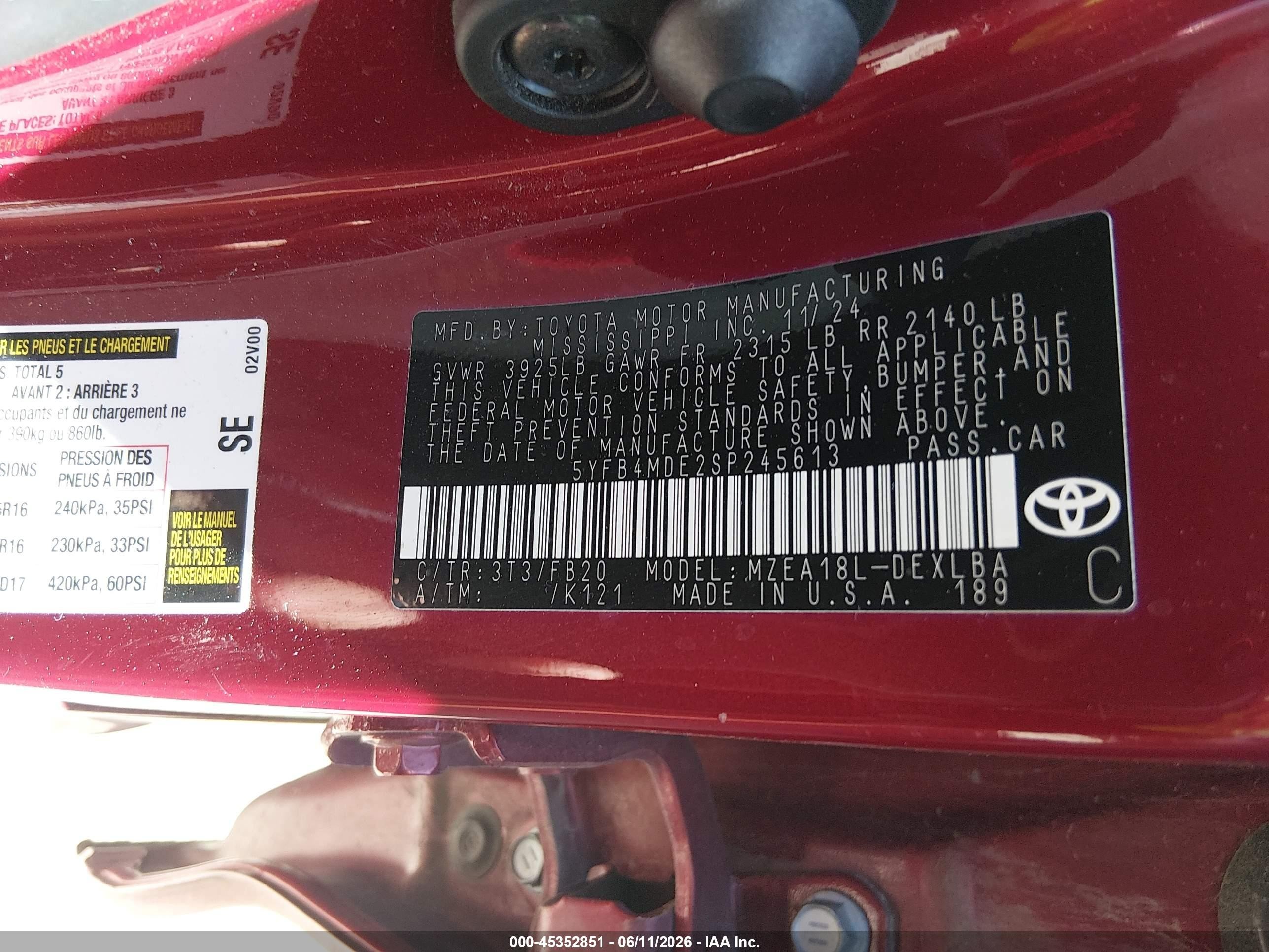 2025 Toyota Corolla Le Red vin: 5YFB4MDE2SP245613