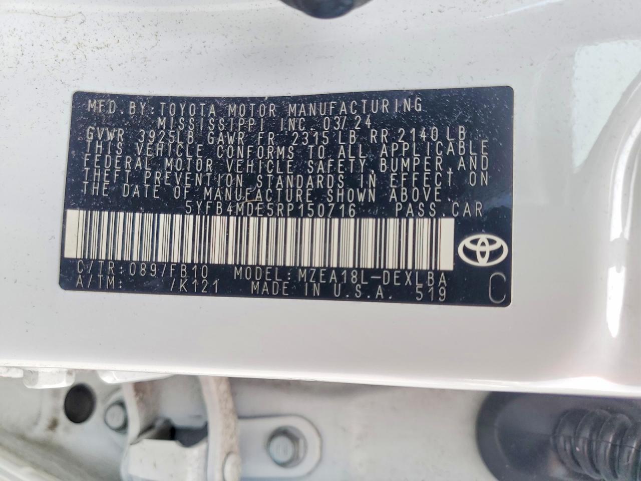 2024 Toyota Corolla White vin: 5YFB4MDE5RP150716