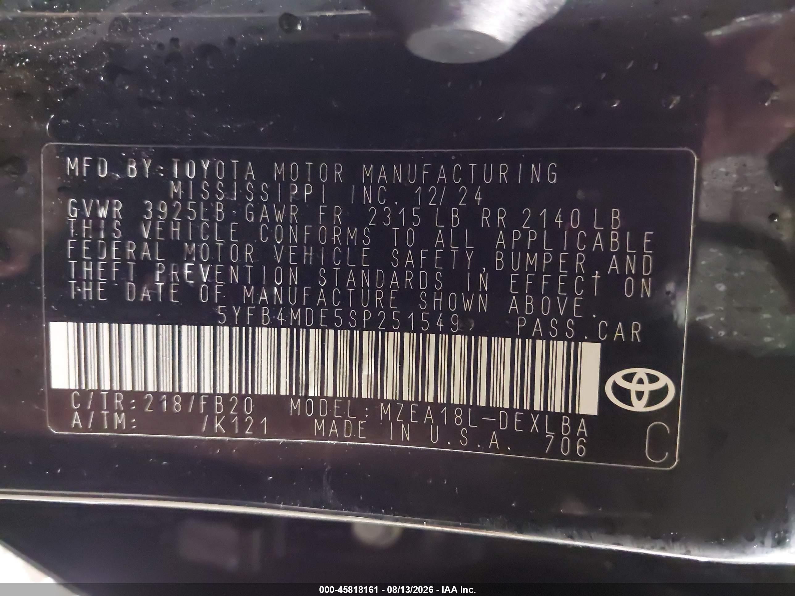 2025 Toyota Corolla Le Black vin: 5YFB4MDE5SP251549