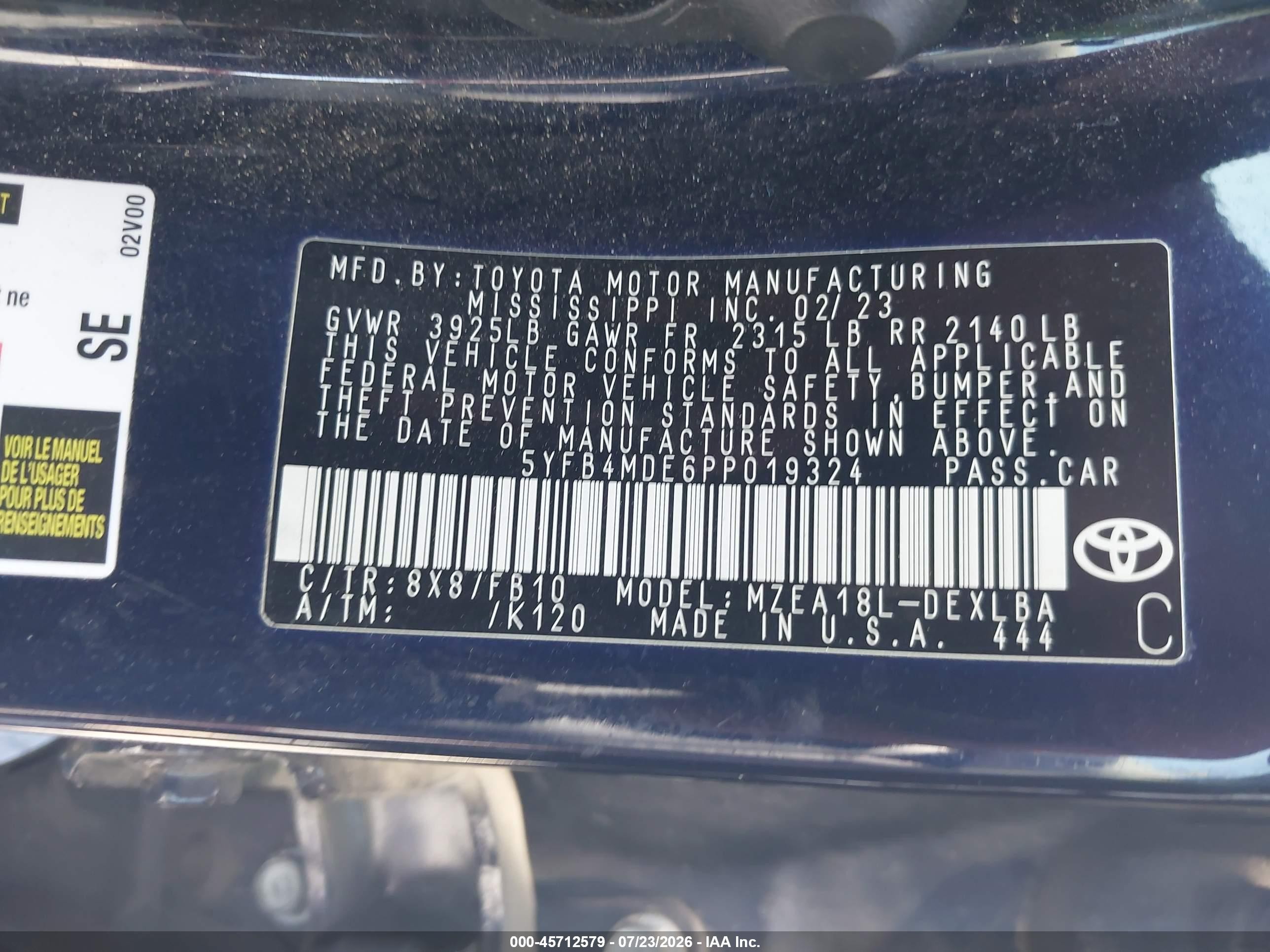 2023 Toyota Corolla Le Blue vin: 5YFB4MDE6PP019324