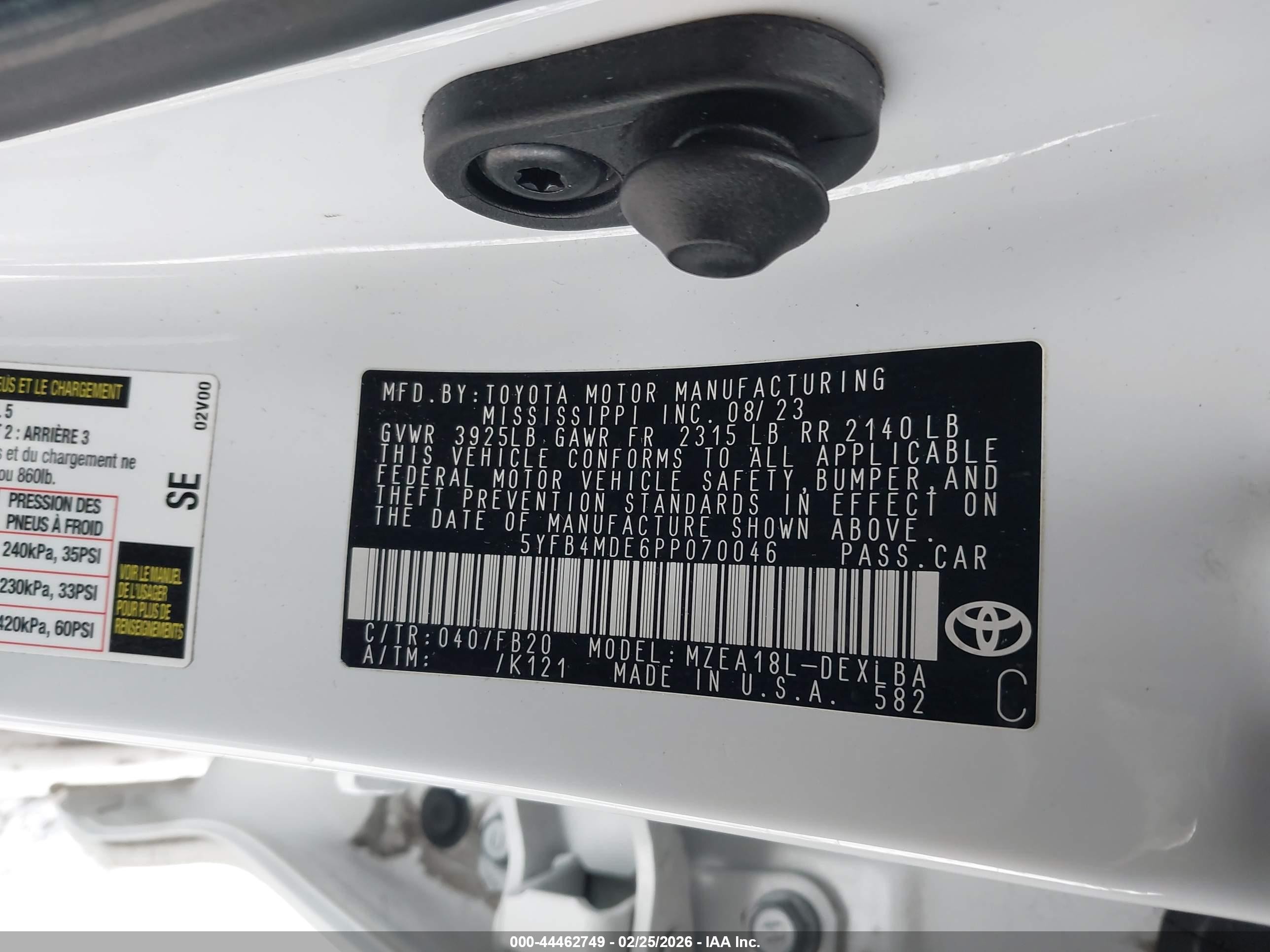 2023 Toyota Corolla Le White vin: 5YFB4MDE6PP070046