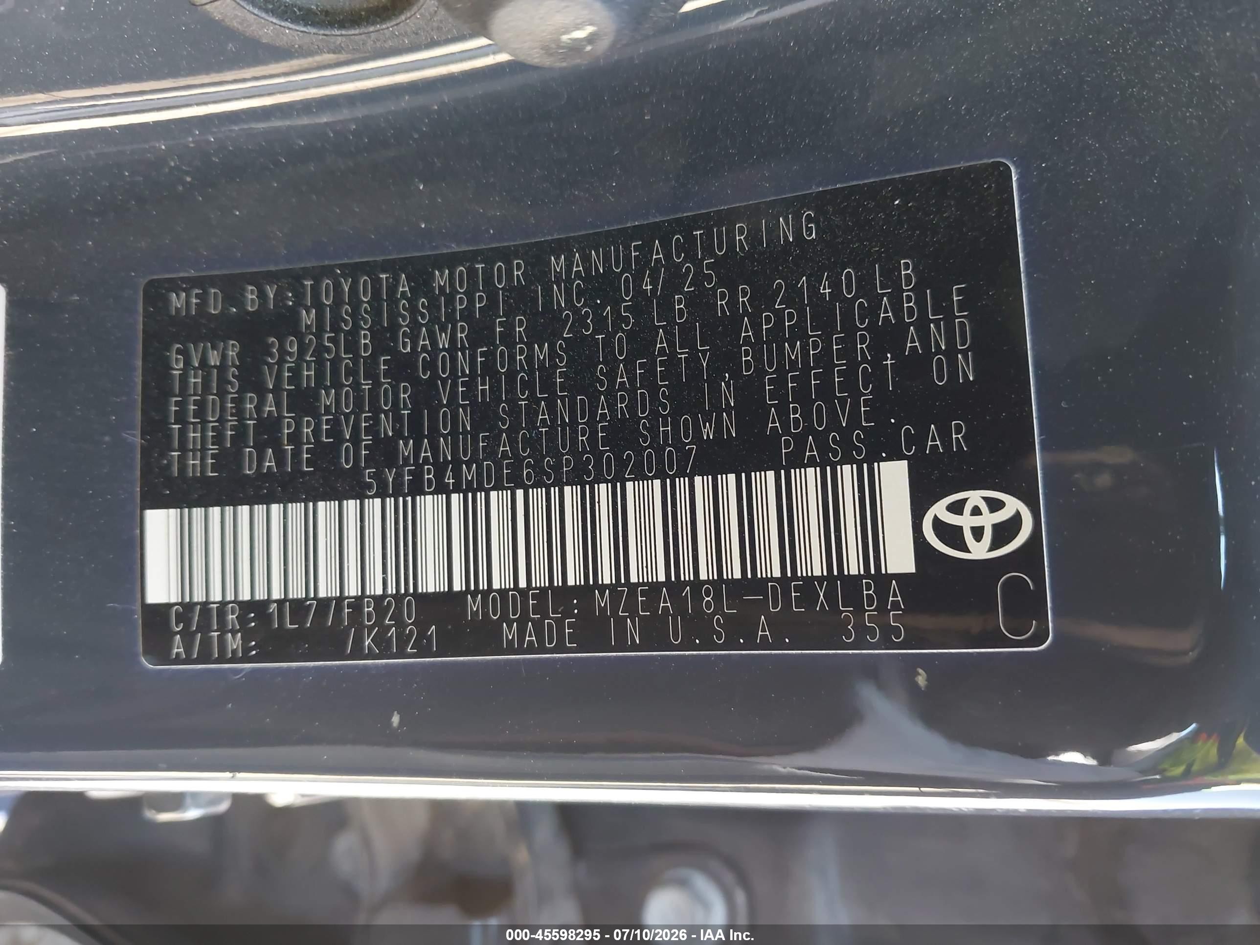 2025 Toyota Corolla Le Gray vin: 5YFB4MDE6SP302007