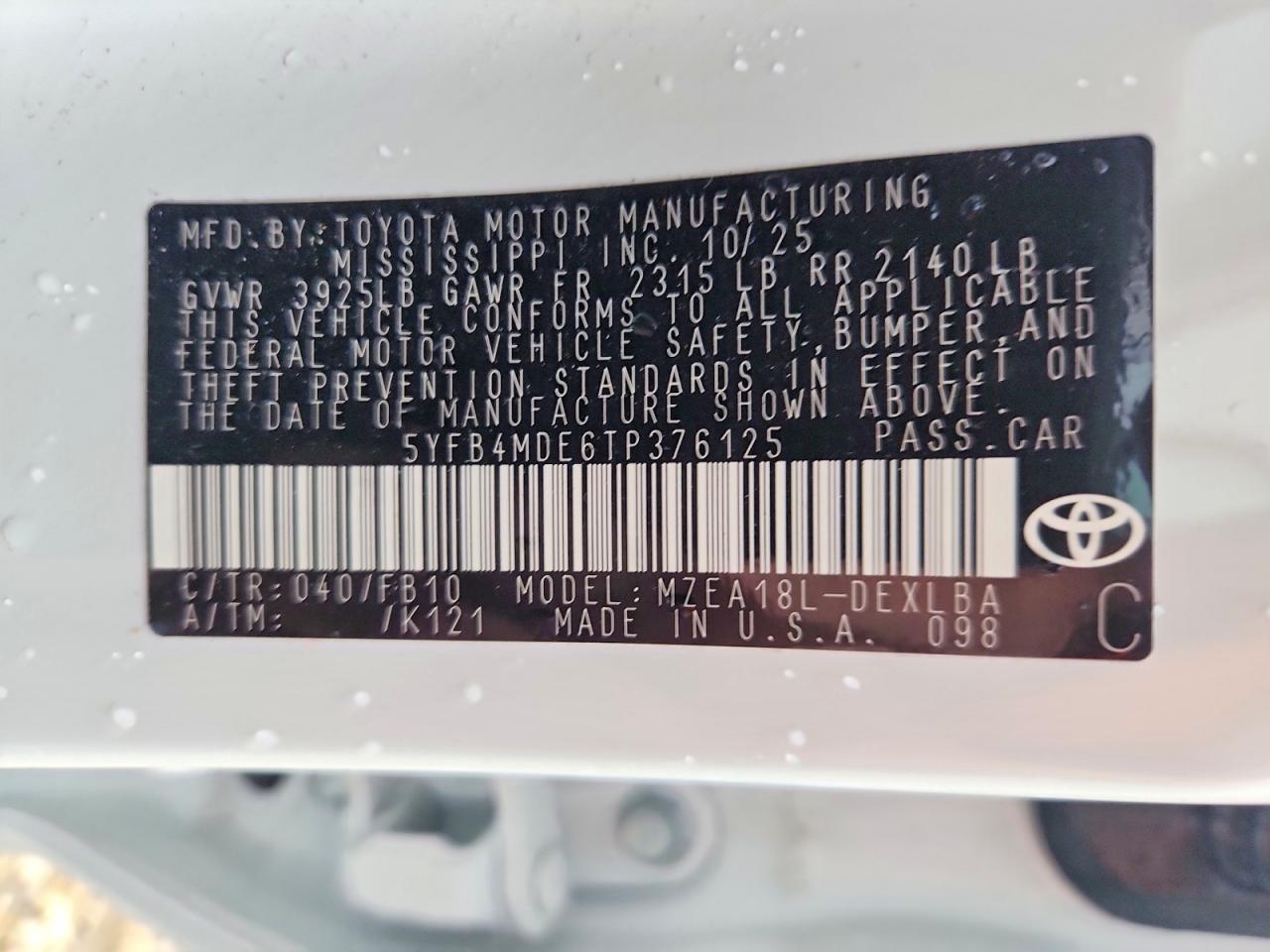 2026 Toyota Corolla Le White vin: 5YFB4MDE6TP376125