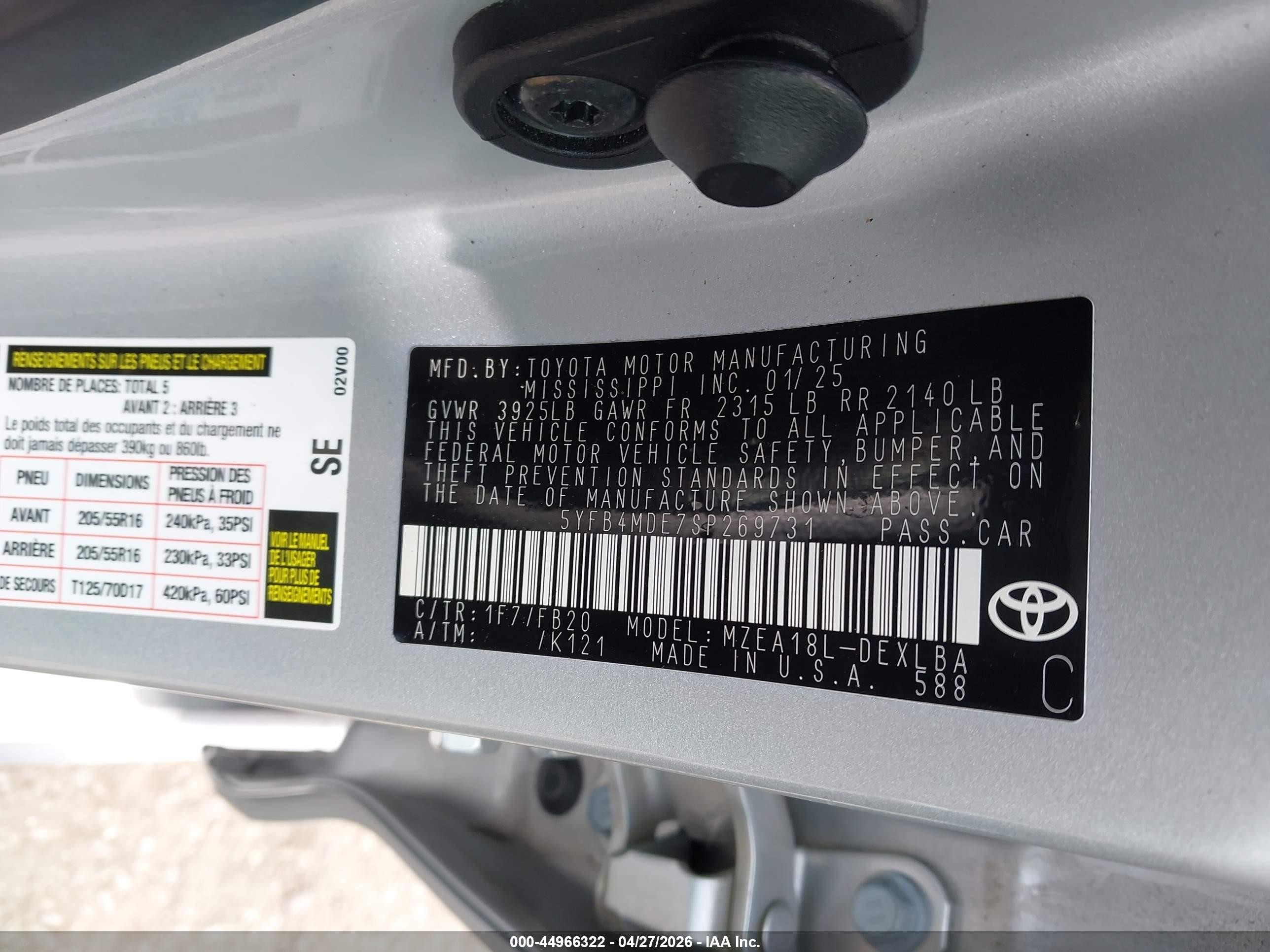 2025 Toyota Corolla Le Silver vin: 5YFB4MDE7SP269731