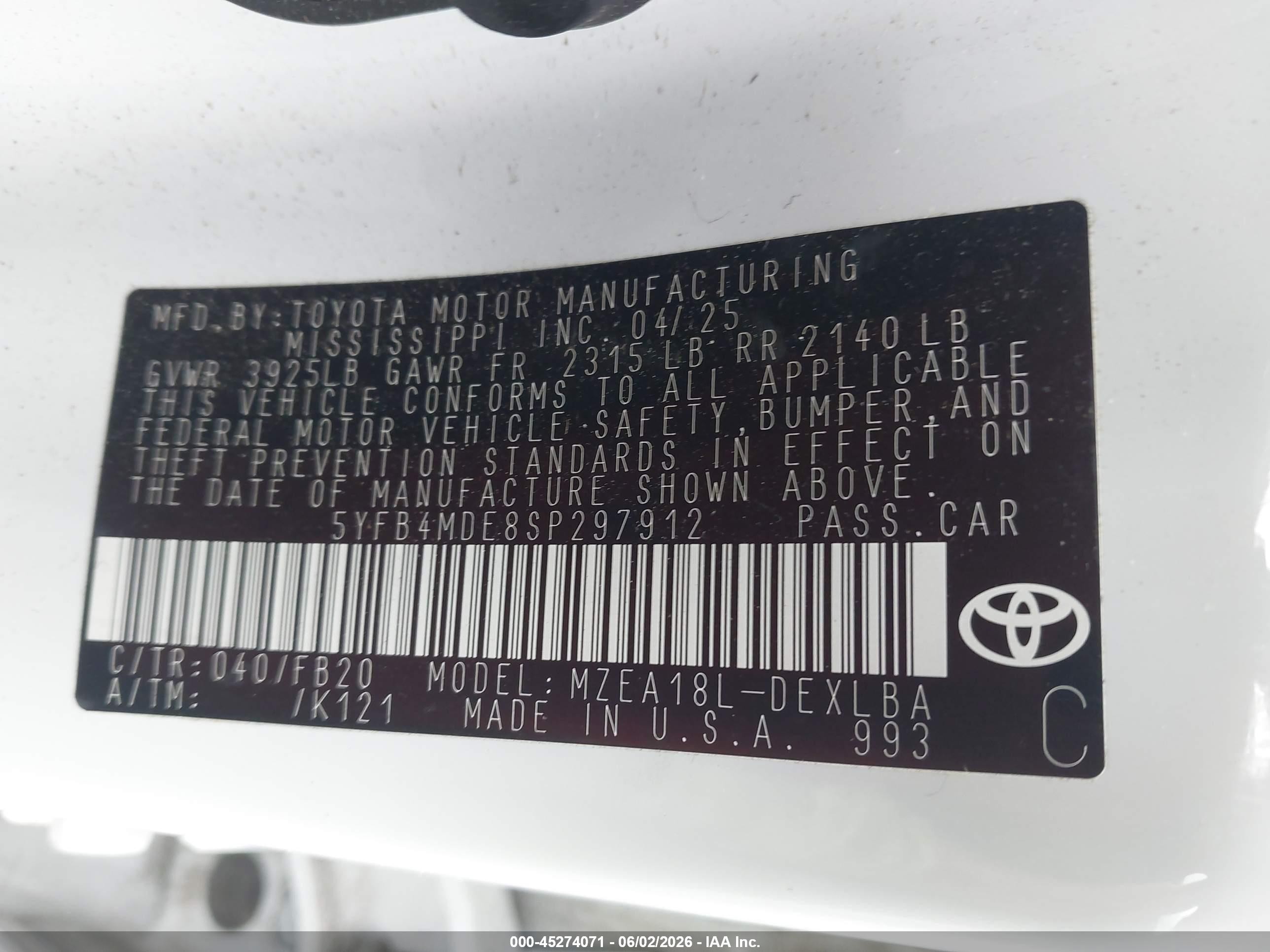 2025 Toyota Corolla Le Белый vin: 5YFB4MDE8SP297912