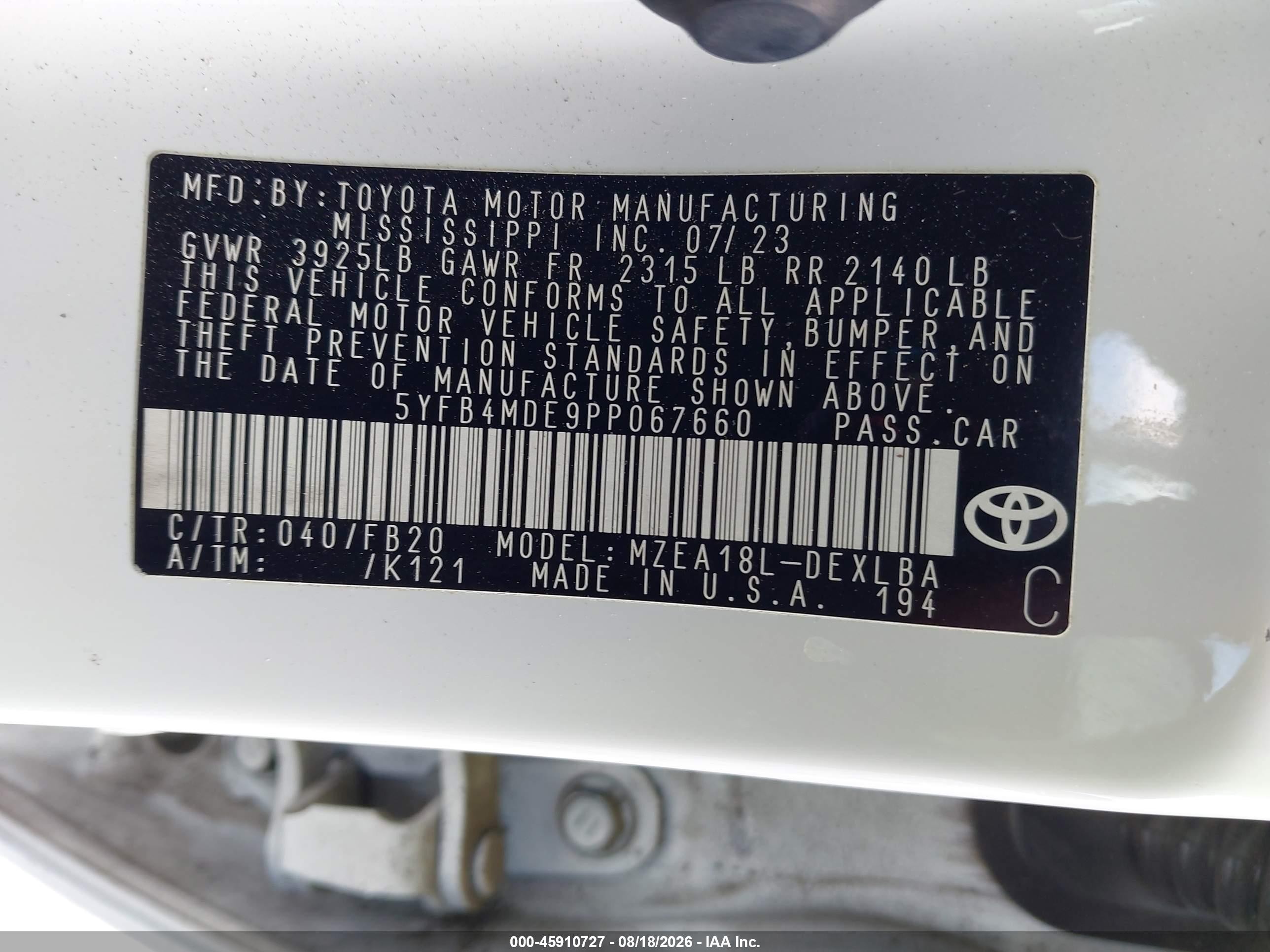 2023 Toyota Corolla Le White vin: 5YFB4MDE9PP067660