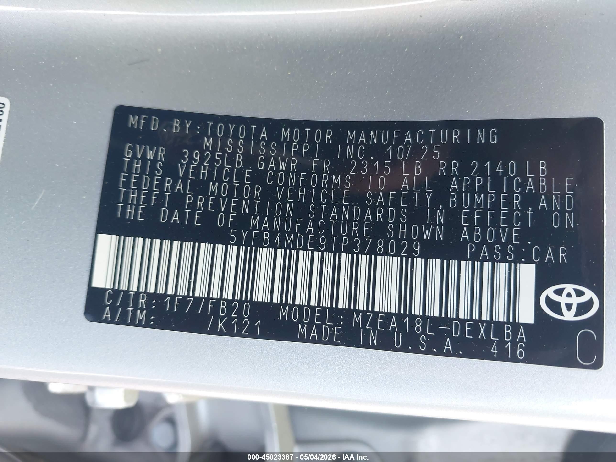 2026 Toyota Corolla Le Silver vin: 5YFB4MDE9TP378029